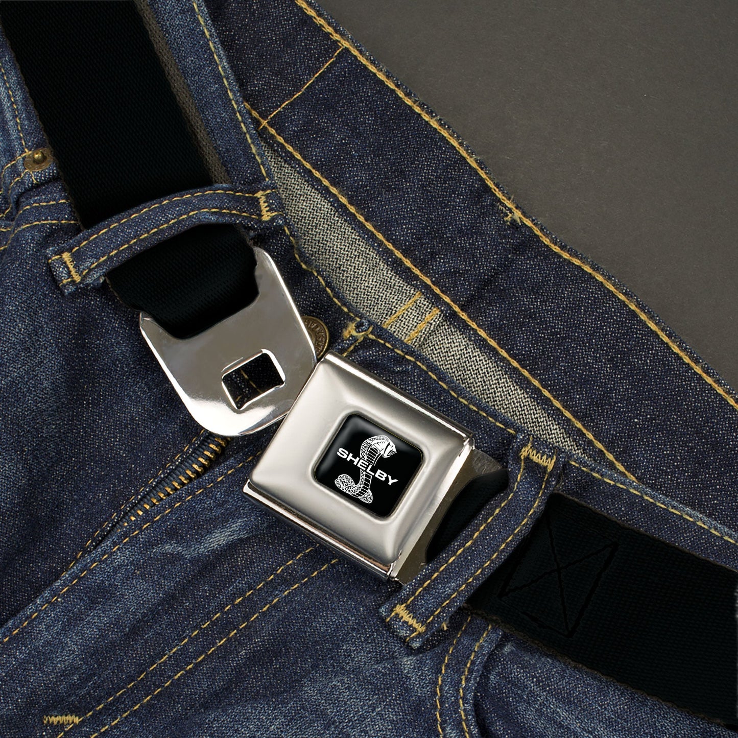 Carroll Shelby Cobra Split Full Color Black White Seatbelt Belt - Carroll Shelby Cobra Black Webbing