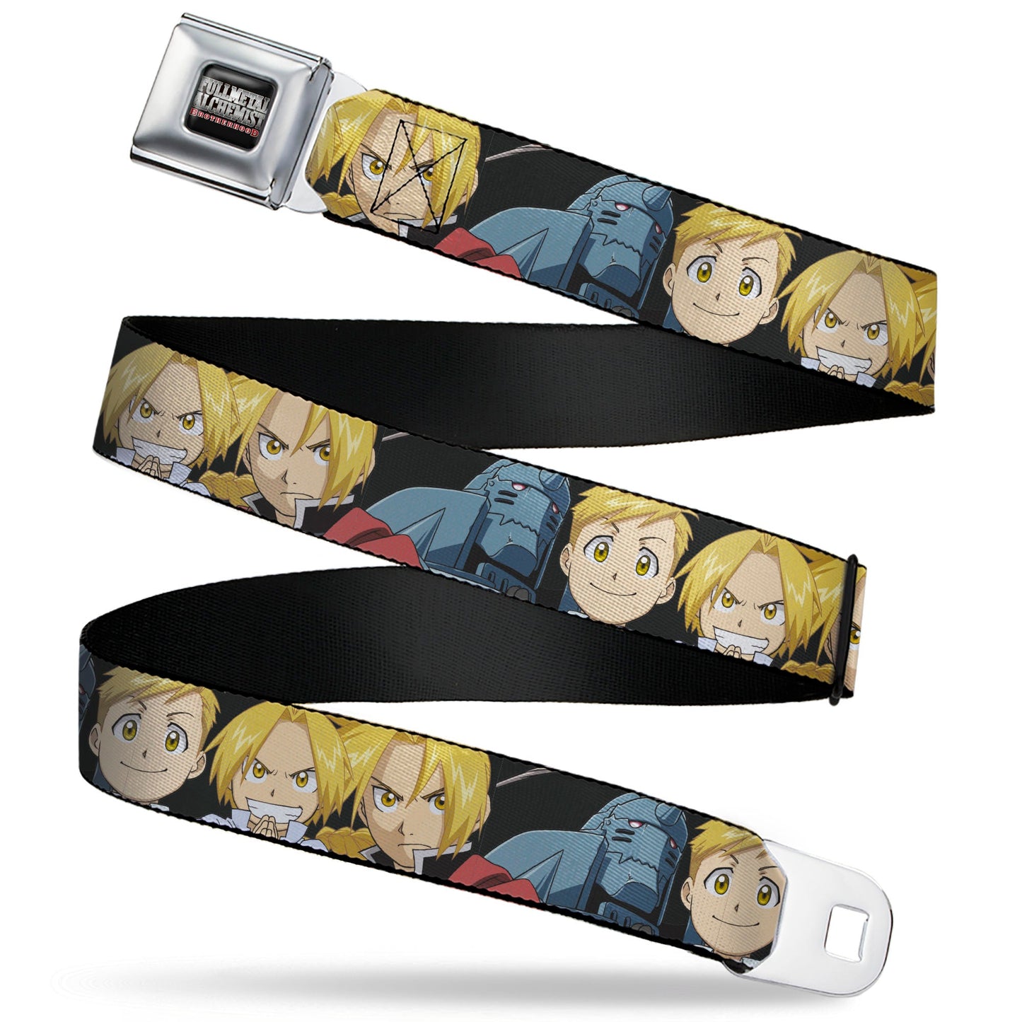 FULLMETAL ALCHEMIST BROTHERHOOD Title Logo Full Color Black Seatbelt Belt - Fullmetal Alchemist Brotherhood Elric Brothers Face Close-Up Webbing