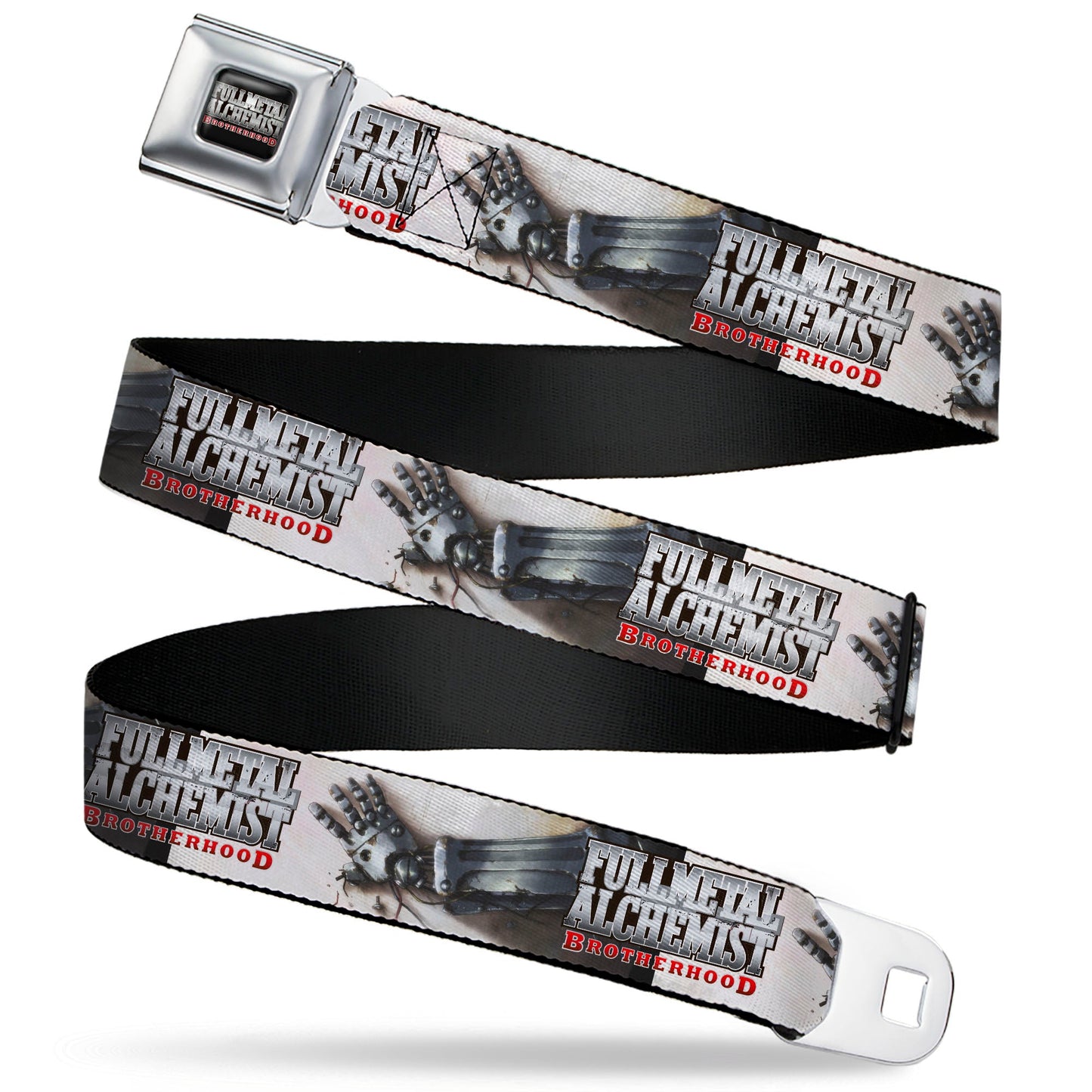 FULLMETAL ALCHEMIST BROTHERHOOD Title Logo Full Color Black Seatbelt Belt - FULLMETAL ALCHEMIST BROTHERHOOD Edward Elrics Automail Arm Tan Webbing