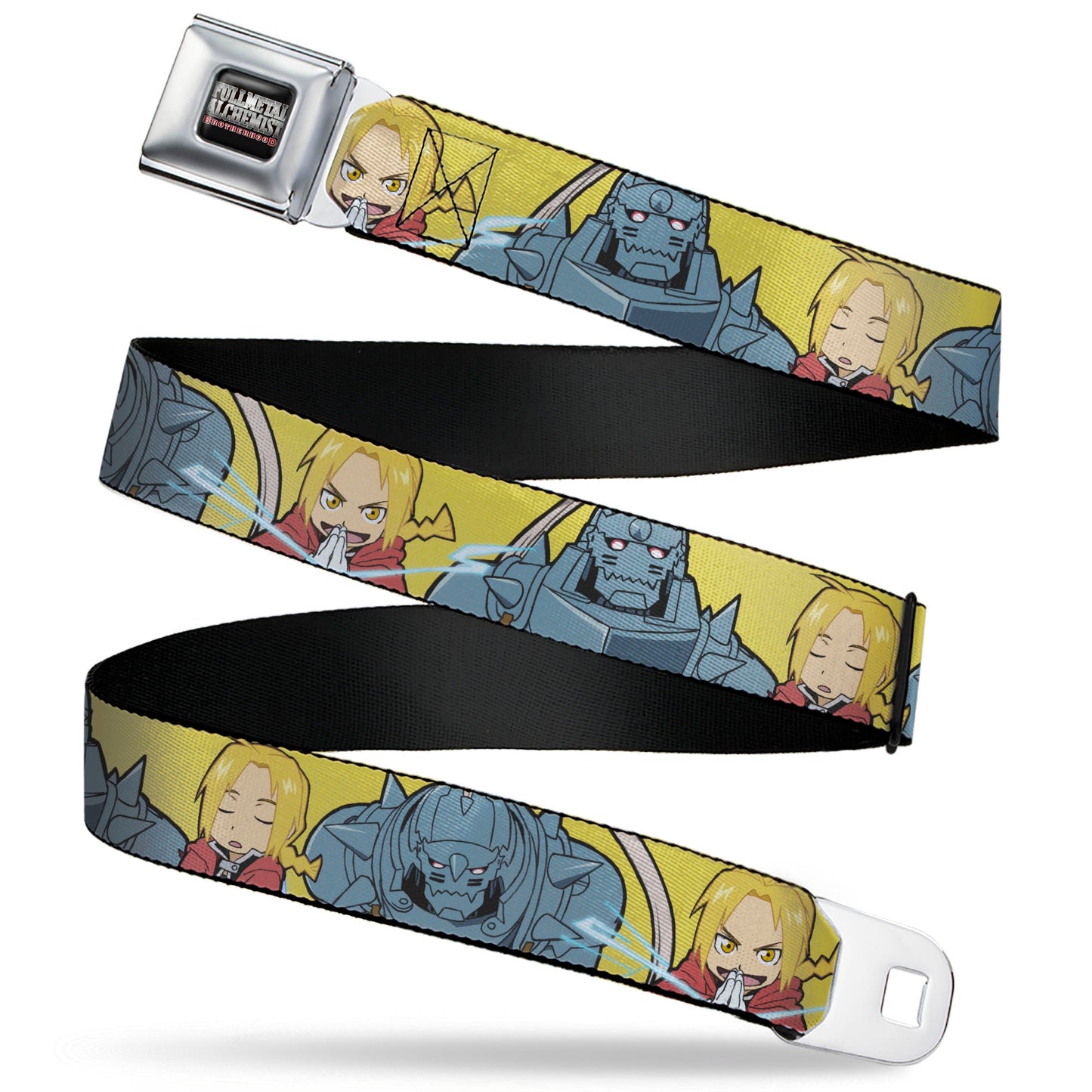 FULLMETAL ALCHEMIST BROTHERHOOD Title Logo Full Color Black Seatbelt Belt - Fullmetal Alchemist Brotherhood Chibi Elric Brothers Pose Yellow Webbing
