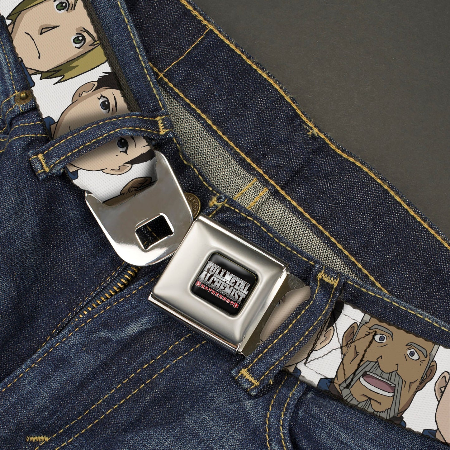 FULLMETAL ALCHEMIST BROTHERHOOD Title Logo Full Color Black Seatbelt Belt - Fullmetal Alchemist Brotherhood Central Forces Military Personnel Faces White Webbing