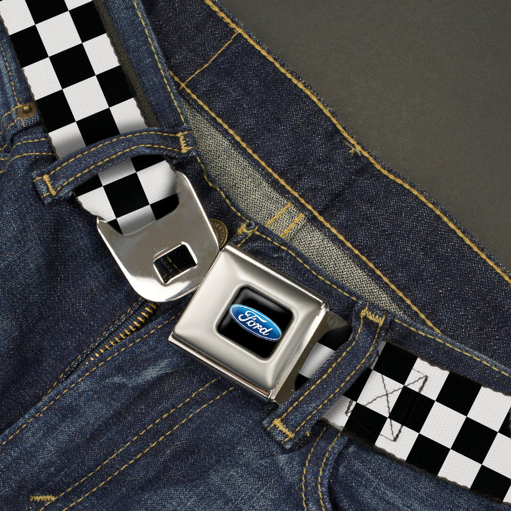 Ford Oval Full Color Black/Blue Seatbelt Belt - Checker Black/White Webbing