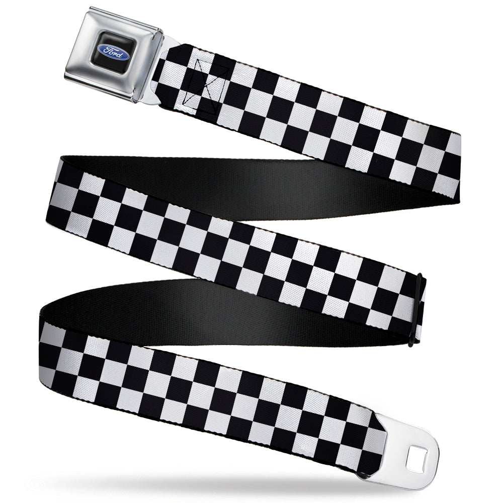 Ford Oval Full Color Black/Blue Seatbelt Belt - Checker Black/White Webbing