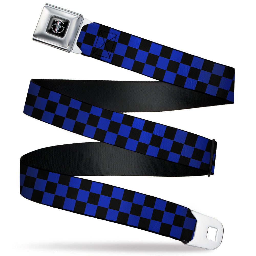 Ford Mustang Emblem Seatbelt Belt - Checker Black/Blue Webbing