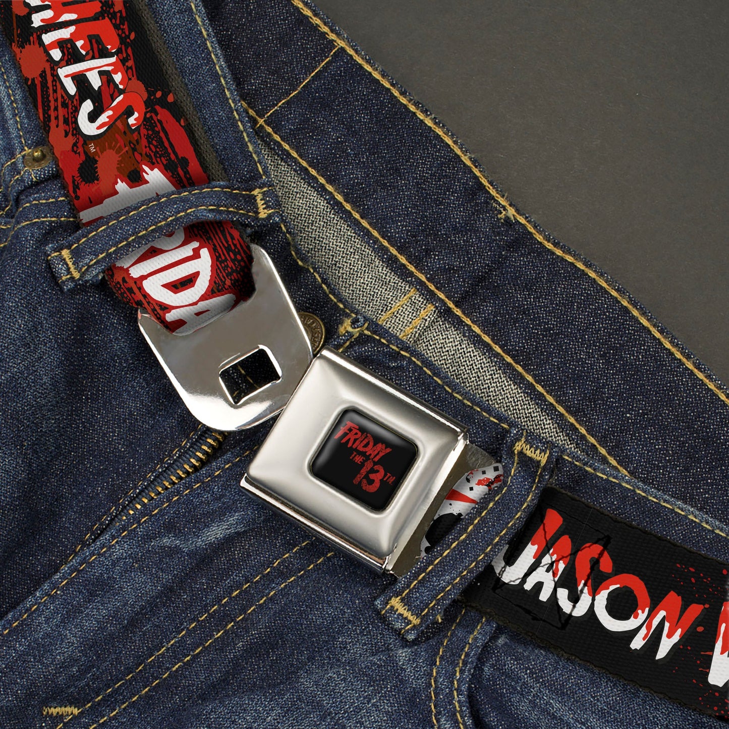 FRIDAY THE 13TH Title Logo Full Color Black/Red Seatbelt Belt - FRIDAY THE 13TH JASON VOORHIES Mask Text Black/Red/White Webbing