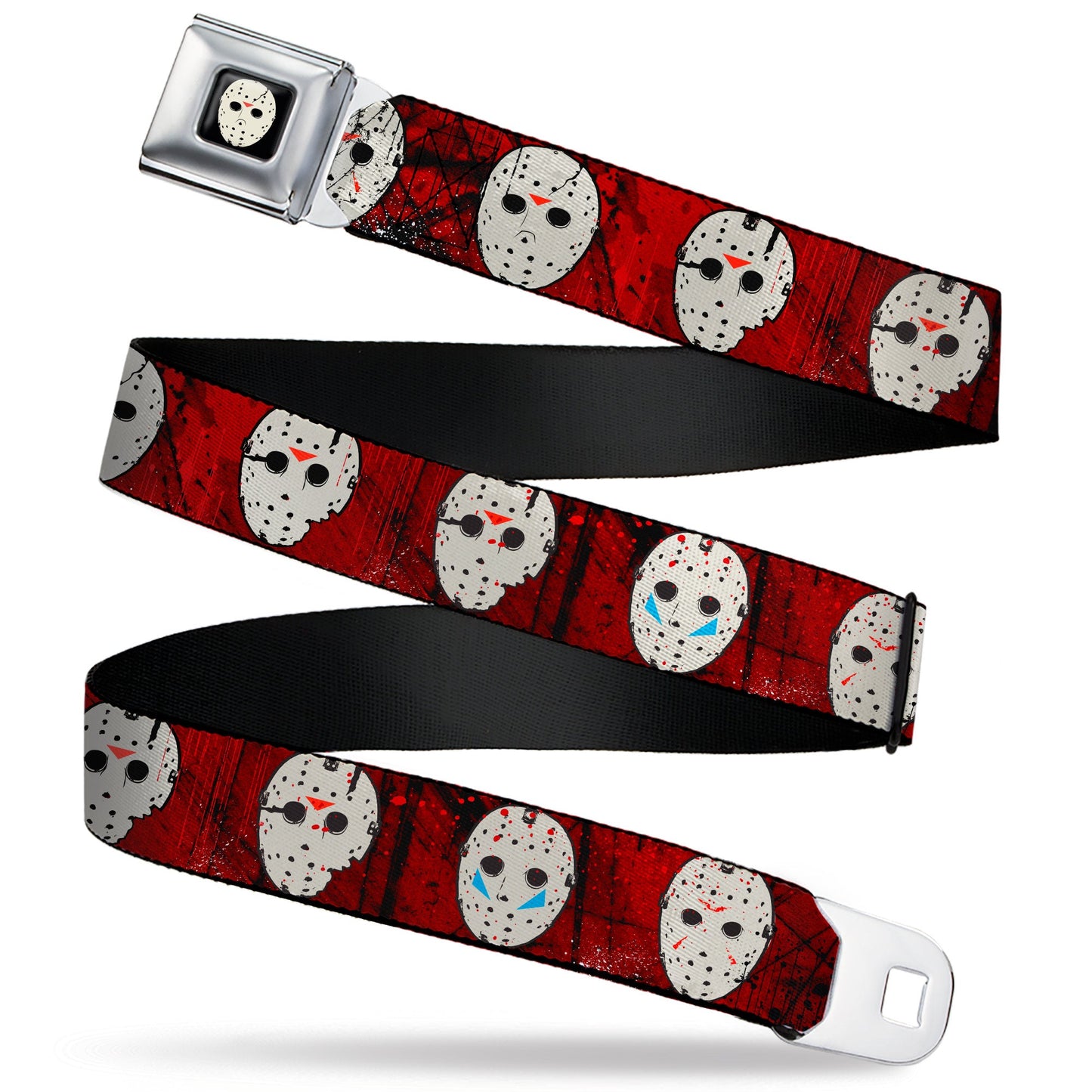Friday the 13th Hockey Mask Icon Full Color Black Seatbelt Belt - Friday the 13th Hockey Mask Icons Reds Webbing