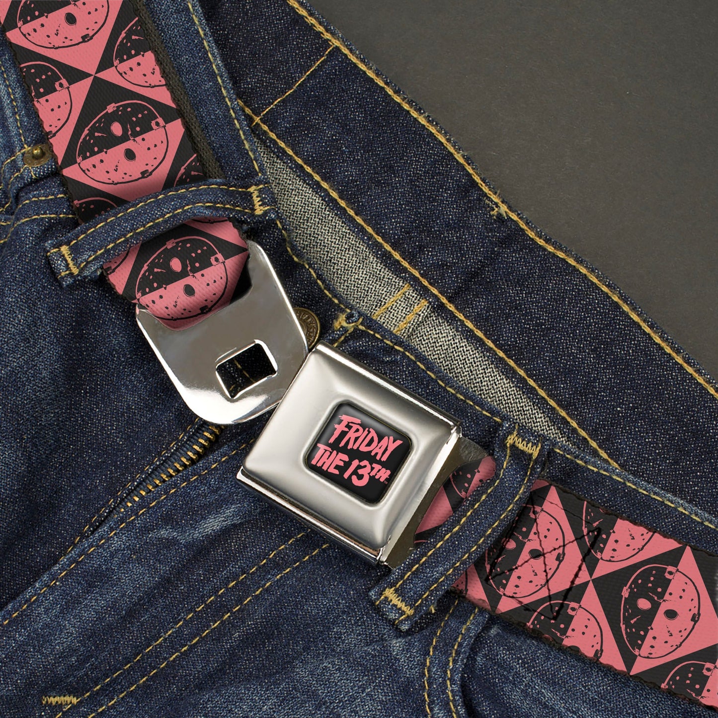 FRIDAY THE 13TH Title Logo Full Color Black/Red Seatbelt Belt - Friday the 13th Jason Mask Diamond Split Black/Red Webbing