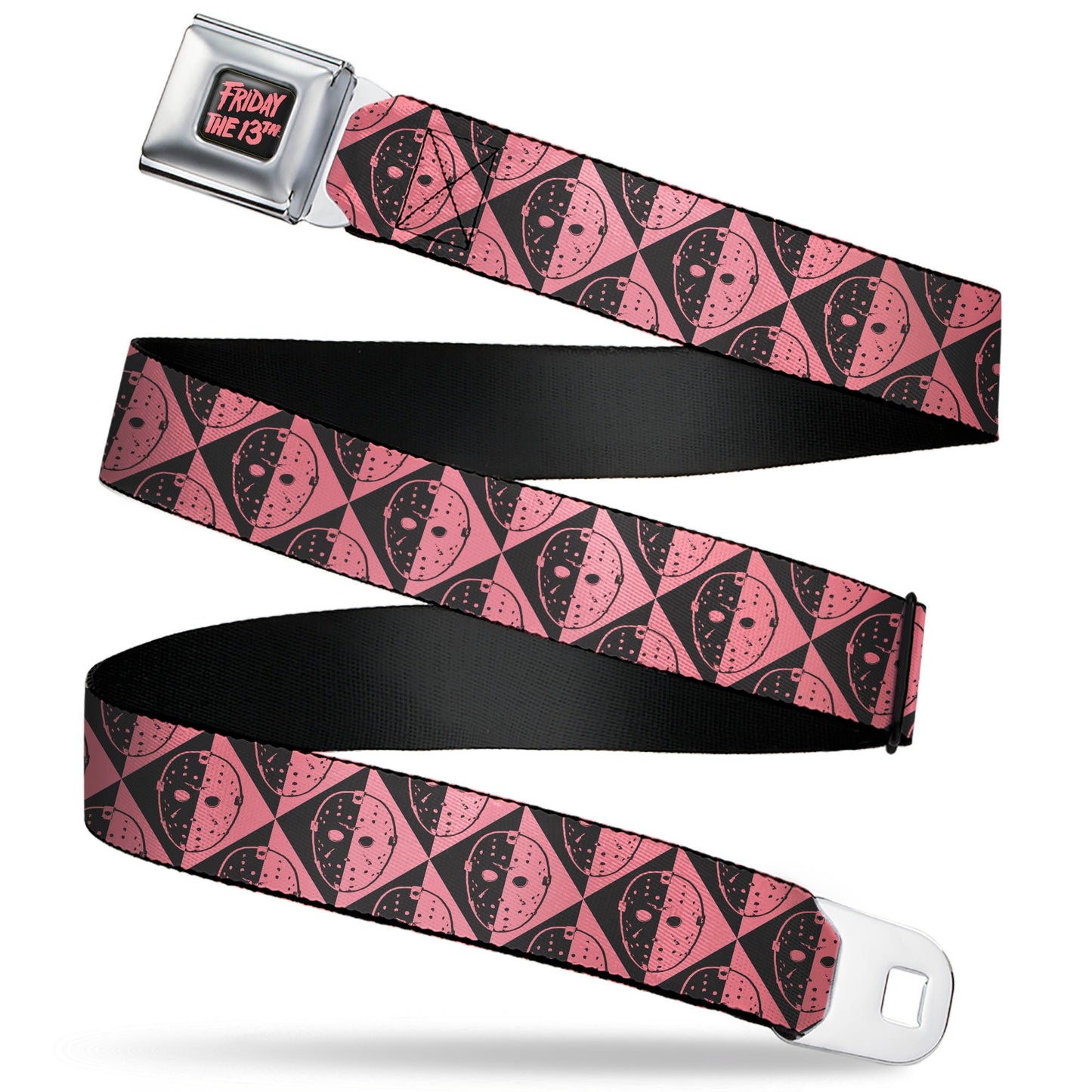 FRIDAY THE 13TH Title Logo Full Color Black/Red Seatbelt Belt - Friday the 13th Jason Mask Diamond Split Black/Red Webbing