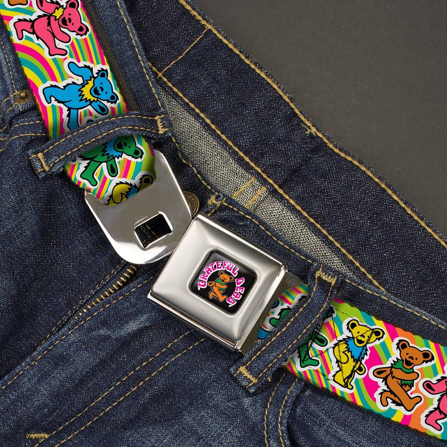 GRATEFUL DEAD Dancing Bear Icon Full Color Black/Orange Seatbelt Belt - Grateful Dead Dancing Bears Swirl Multi Color Webbing
