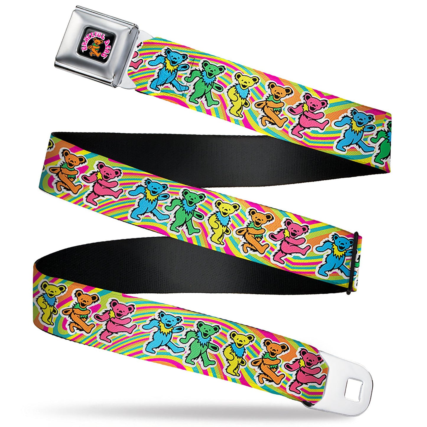 GRATEFUL DEAD Dancing Bear Icon Full Color Black/Orange Seatbelt Belt - Grateful Dead Dancing Bears Swirl Multi Color Webbing