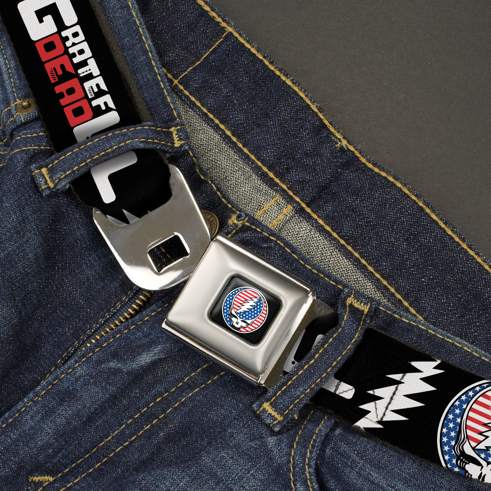Grateful Dead Steal Your Face Stars and Stripes Logo Full Color Black/White/Red/Blue Seatbelt Belt - GRATEFUL DEAD Text with Steal Your Face Stars and Stripes Logo Black/White/Red/Blue Webbing