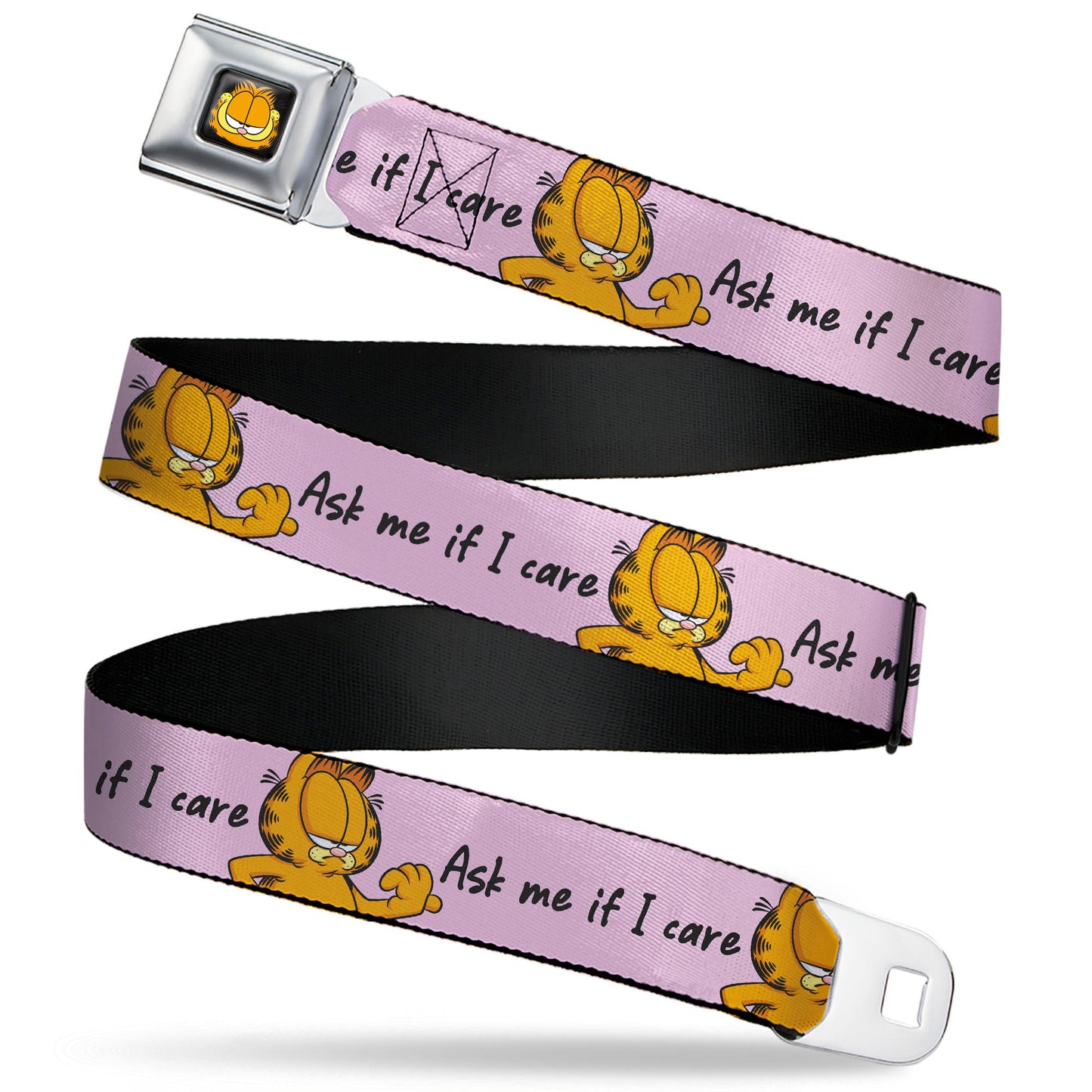 Garfield Smiling Face Full Color Black Seatbelt Belt - Garfield ASK ME IF I CARE Pose Pink Webbing