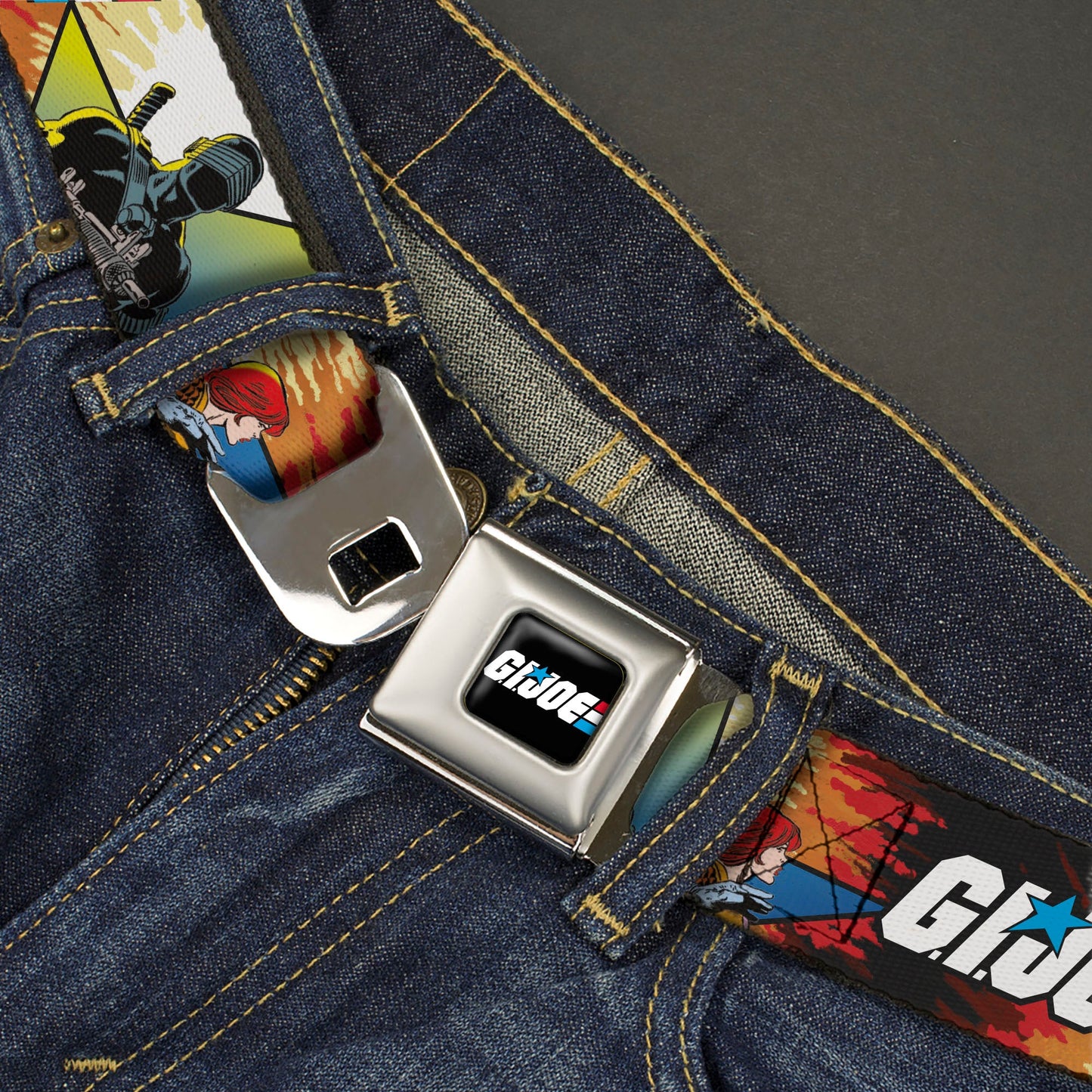 GI JOE Title Logo Stripe Full Color Black/Red/White/Blue Seatbelt Belt - GI JOE Storm Shadow Snake Eyes and Scarlett Comic Cover Poses Explosion Webbing