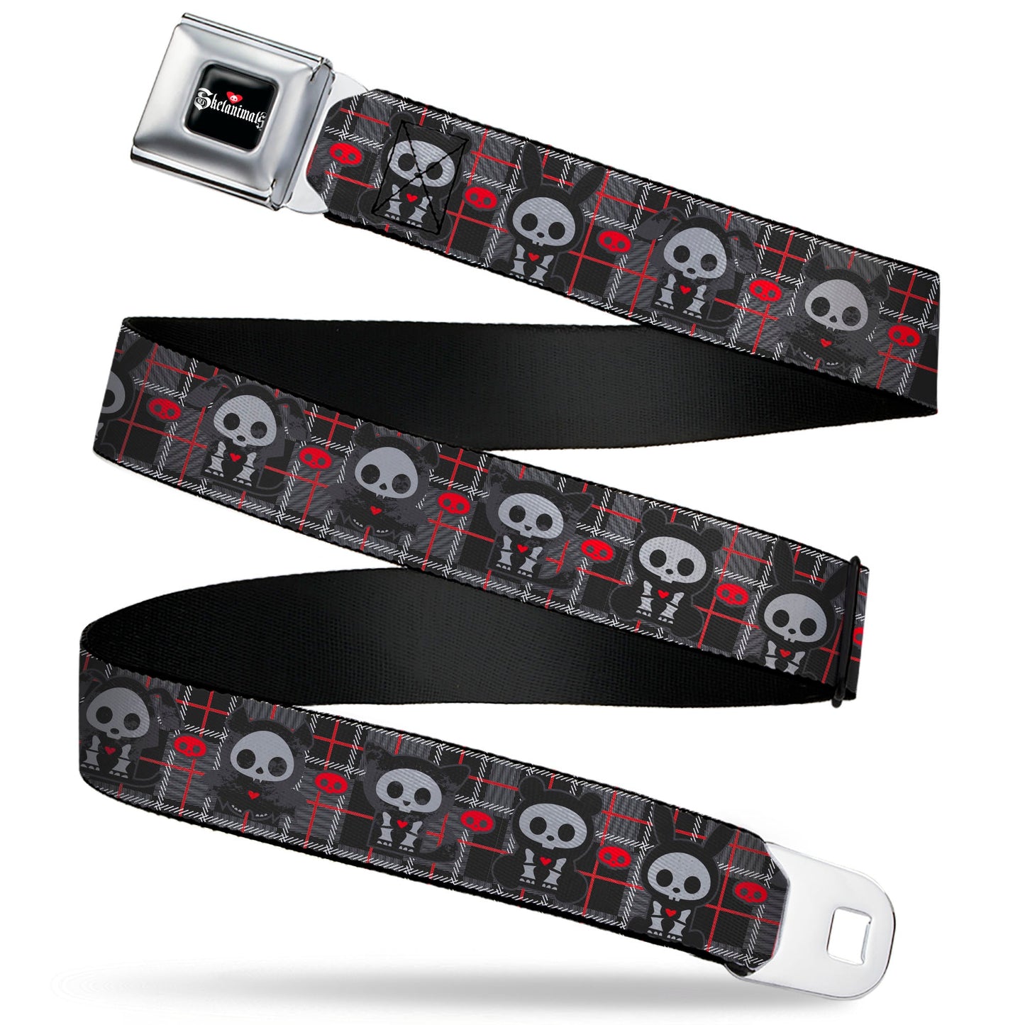 SKELANIMALS Title Logo Full Color Black/White/Red Seatbelt Belt - Skelanimals Five Animals and Face Logo Plaid Black/Red/White Webbing