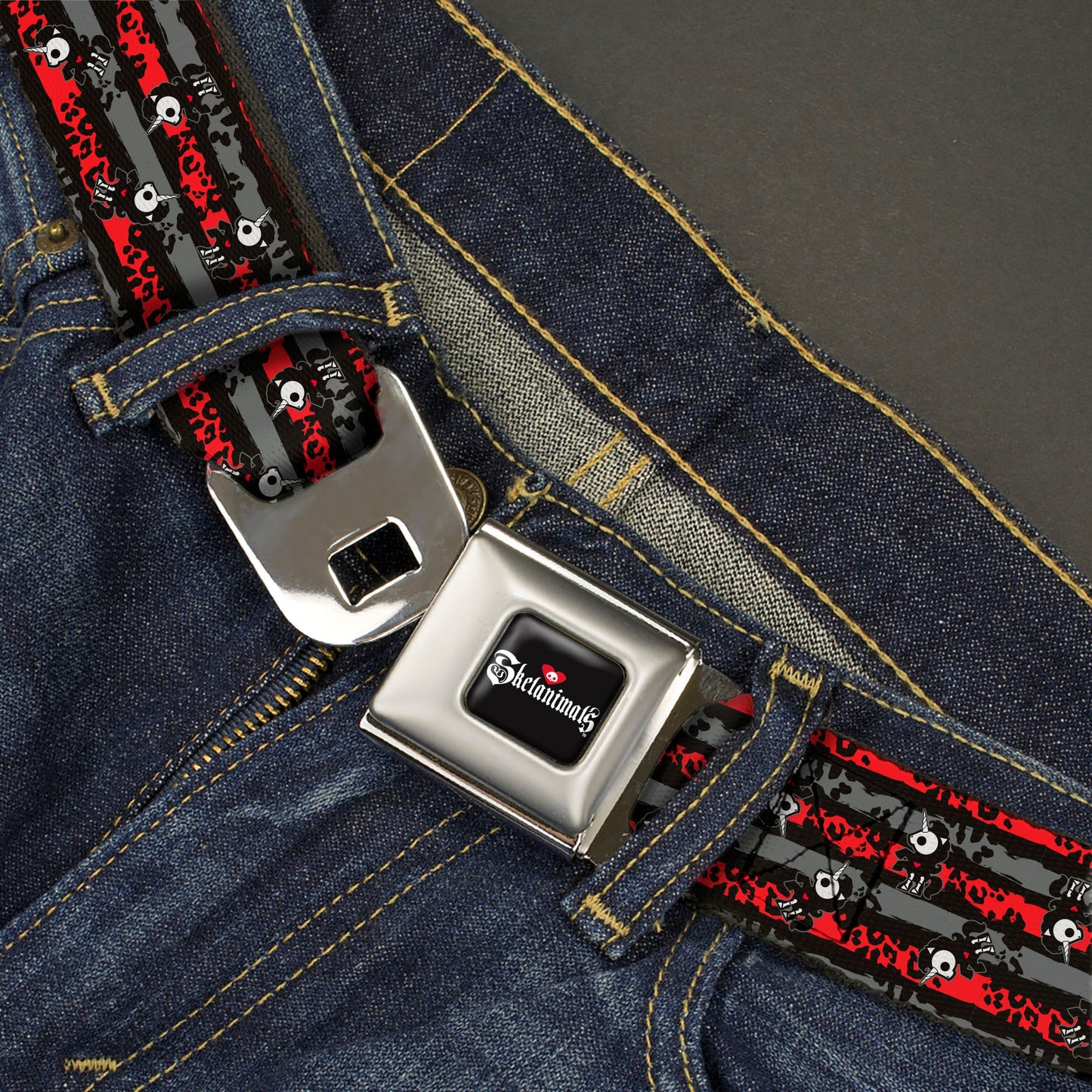 SKELANIMALS Title Logo Full Color Black/White/Red Seatbelt Belt - Skelanimals Bonita the Unicorn Poses Stripe Black/Red/Gray Webbing