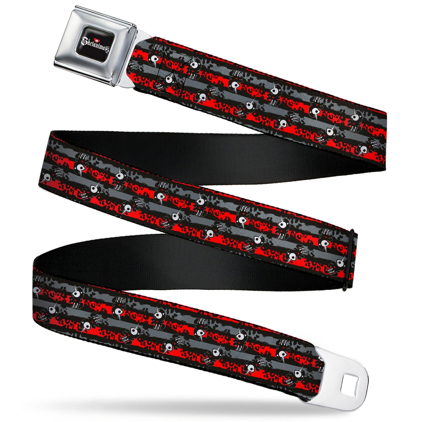 SKELANIMALS Title Logo Full Color Black/White/Red Seatbelt Belt - Skelanimals Bonita the Unicorn Poses Stripe Black/Red/Gray Webbing