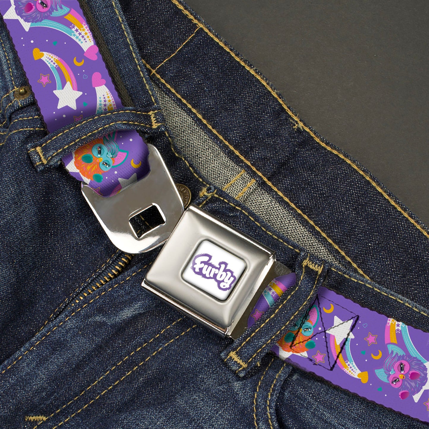 FURBY Title Logo Full Color White/Purple Seatbelt Belt - Furby Orange and Purple Jumping Rainbow Slide Black/Multi Color Webbing