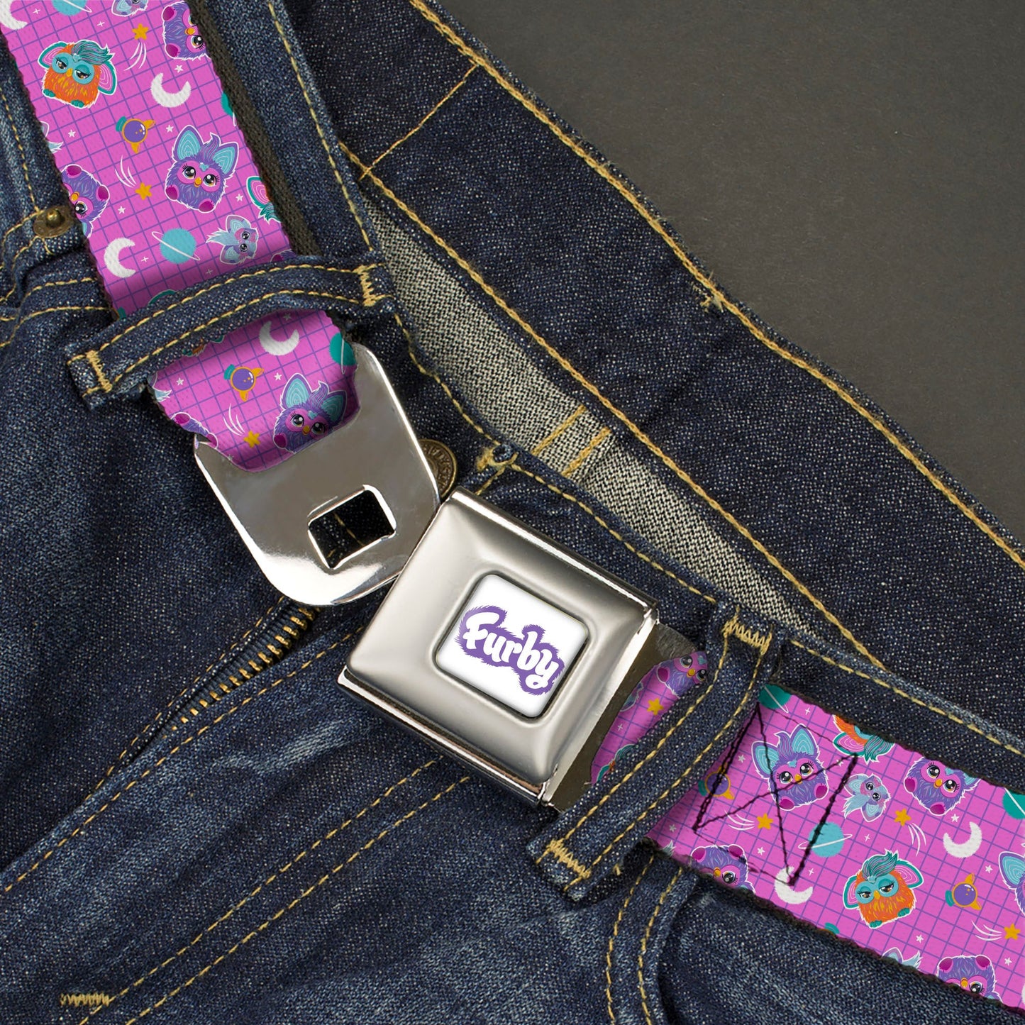 FURBY Title Logo Full Color White/Purple Seatbelt Belt - Furby and Furblets Galaxy Grid Collage Pink/Purple Webbing