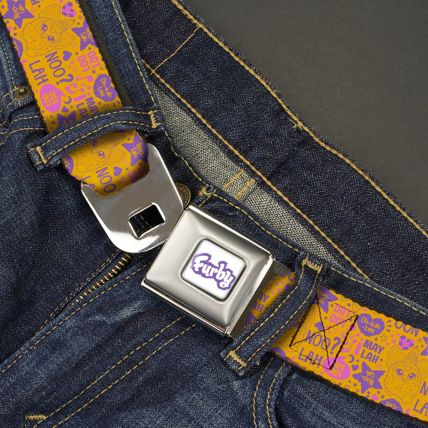 FURBY Title Logo Full Color White/Purple Seatbelt Belt - Furby Furbish Phrases and Icons Orange/Pink/Purple Webbing