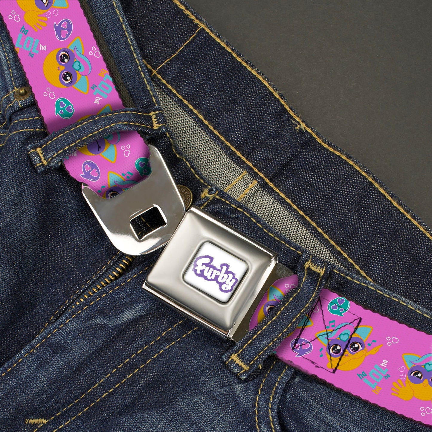 FURBY Title Logo Full Color White/Purple Seatbelt Belt - Fuby Furbmojis LOL Icons Collage Pinks/Blues Webbing
