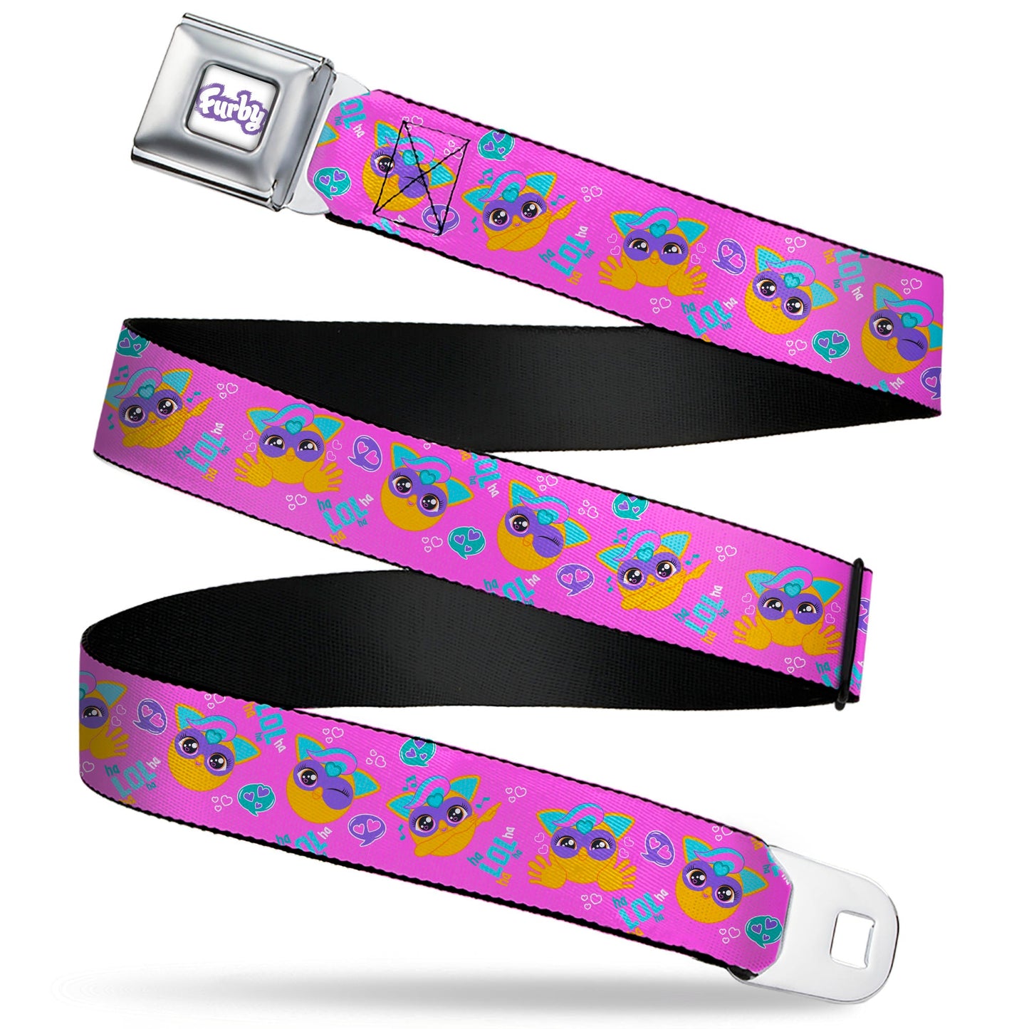FURBY Title Logo Full Color White/Purple Seatbelt Belt - Fuby Furbmojis LOL Icons Collage Pinks/Blues Webbing