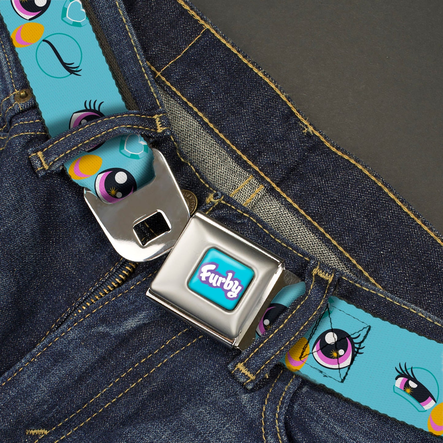 FURBY Title Logo Full Color Teal/Lavender/White Seatbelt Belt - Furby Eye Expressions Close-Up Teal Webbing