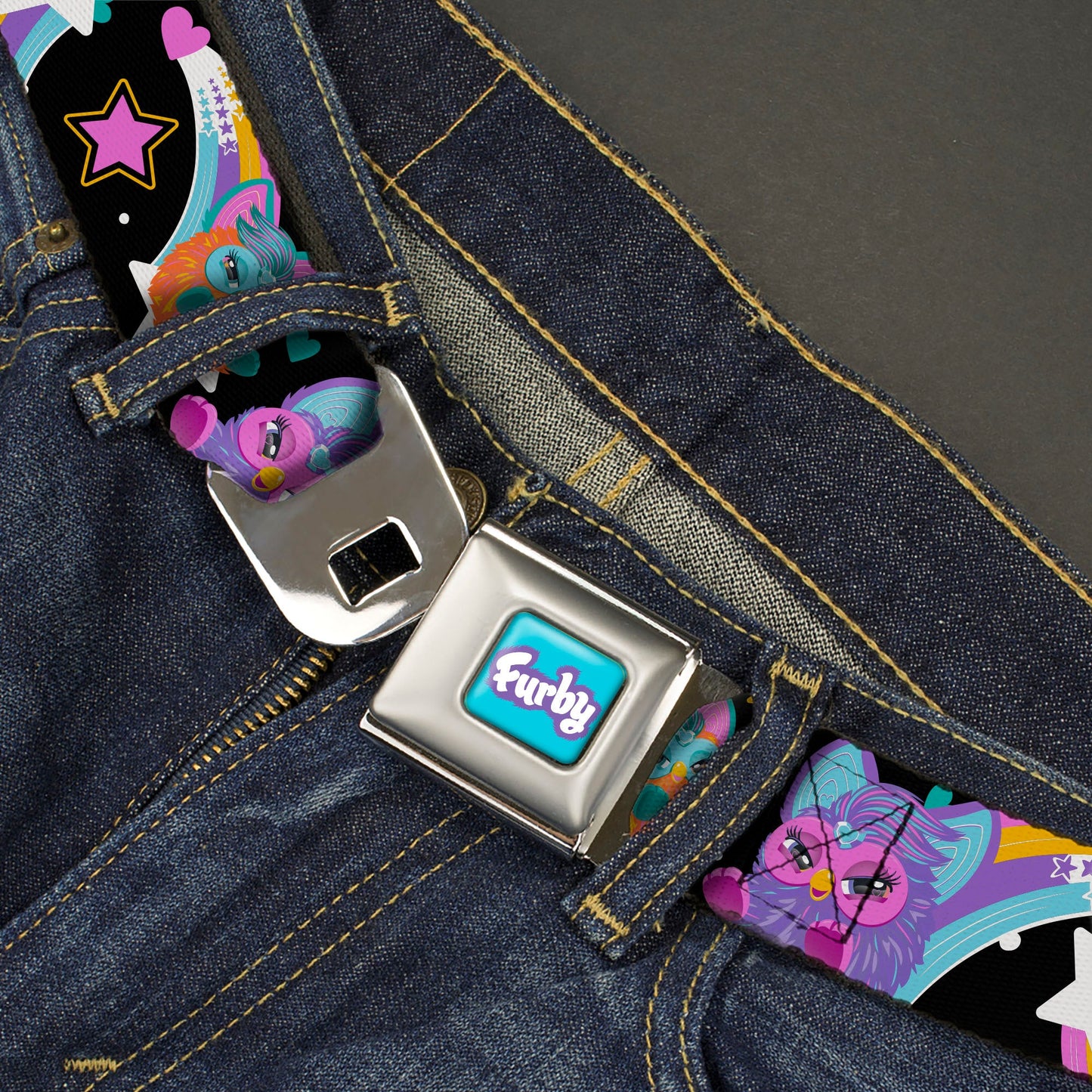 FURBY Title Logo Full Color Teal/Lavender/White Seatbelt Belt - Furby Orange and Purple Jumping Rainbow Slide Black/Multi Color Webbing