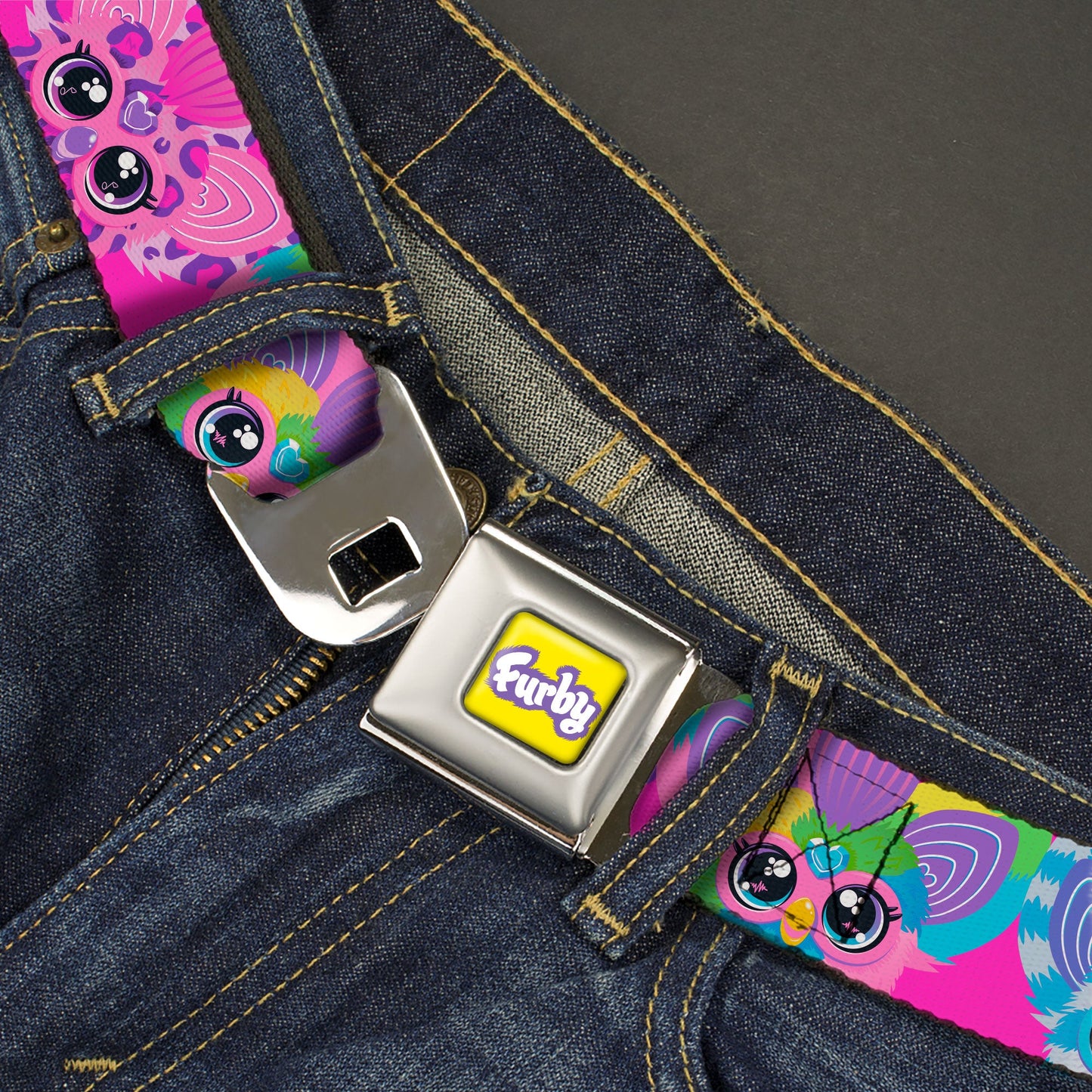 FURBY Title Logo Full Color Yellow/Lavender/White Seatbelt Belt - Furby Furblets Faces Close-Up Pink/Multi Color Webbing