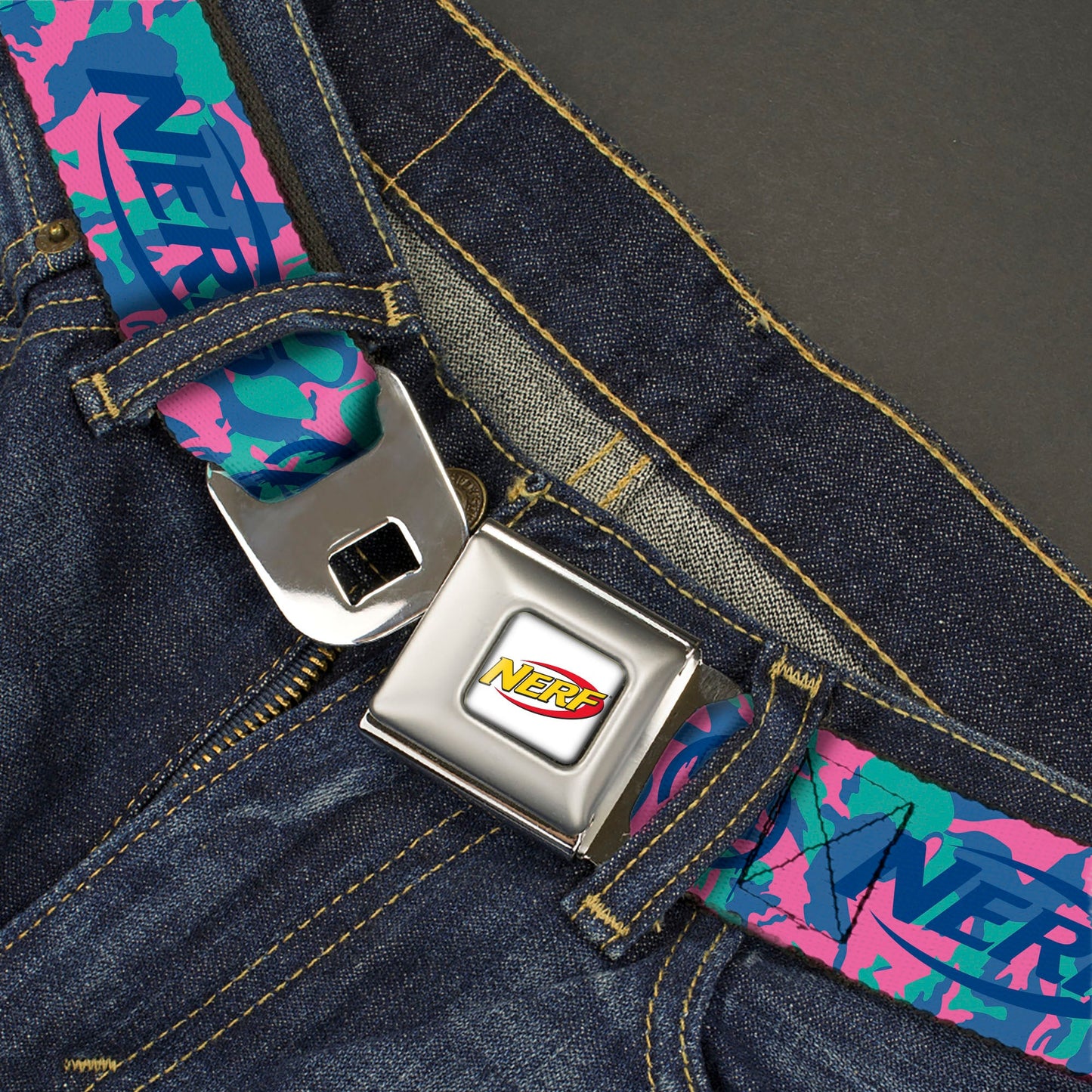 NERF Logo Full Color White/Red/Yellow Seatbelt Belt - NERF Logo and Icon Camo Blues/Pinks Webbing