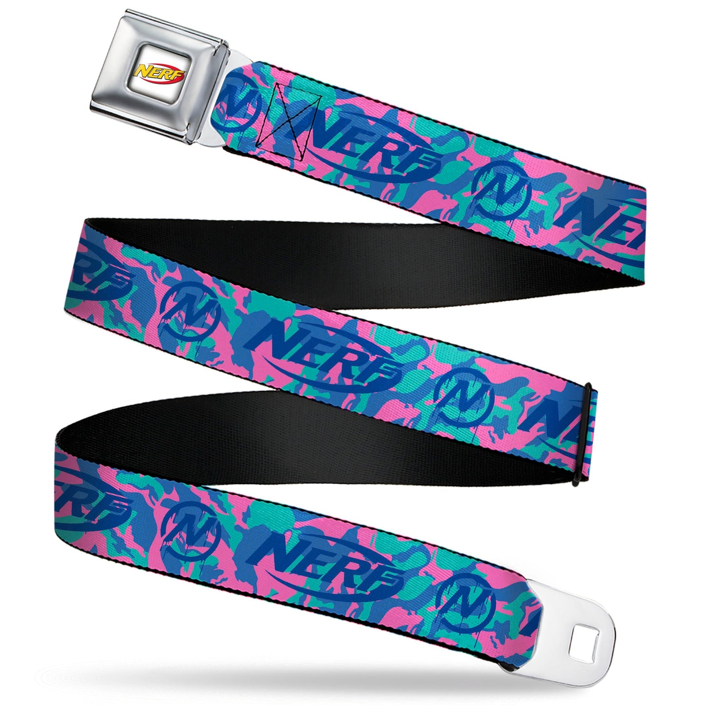 NERF Logo Full Color White/Red/Yellow Seatbelt Belt - NERF Logo and Icon Camo Blues/Pinks Webbing