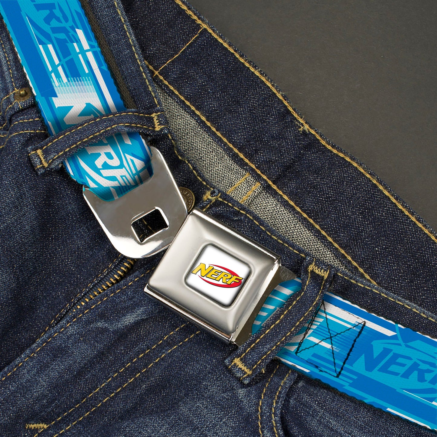 NERF Logo Full Color White/Red/Yellow Seatbelt Belt - NERF Logo Streaks Blues/White Webbing