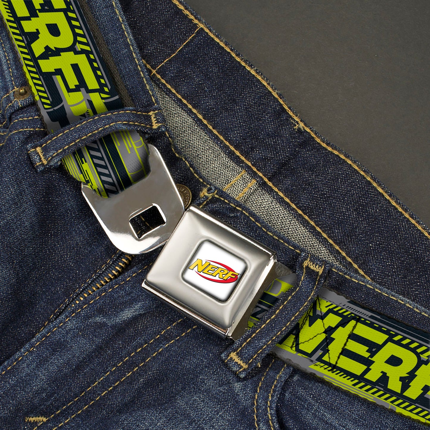 NERF Logo Full Color White/Red/Yellow Seatbelt Belt - NERF Text Glitch Logo Gray/Yellow/Black Webbing