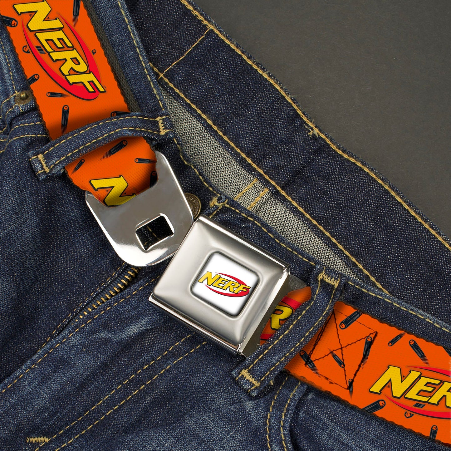 NERF Logo Full Color White/Red/Yellow Seatbelt Belt - NERF Logo Darts Scattered Orange/Black Webbing