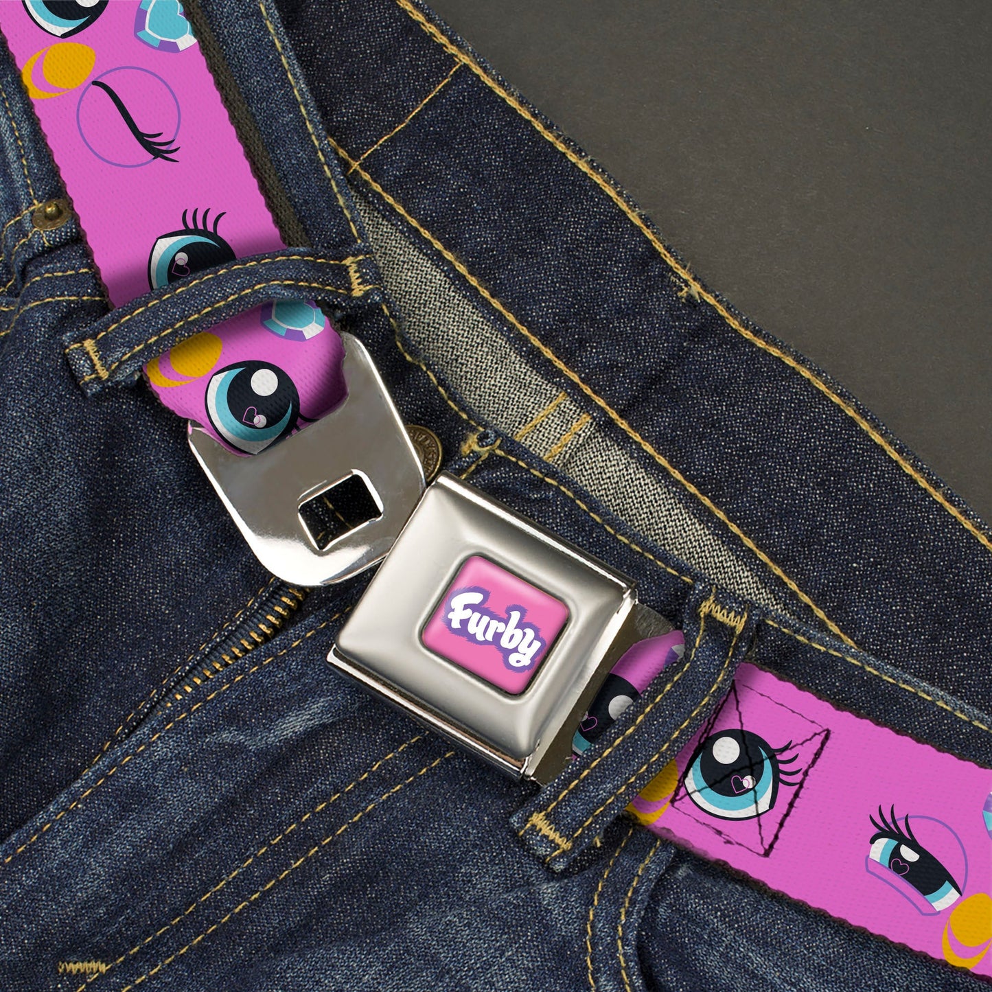 FURBY Title Logo Full Color Pink/Purple/White Seatbelt Belt - Furby Purple Eye Expressions Close-Up Pink Webbing