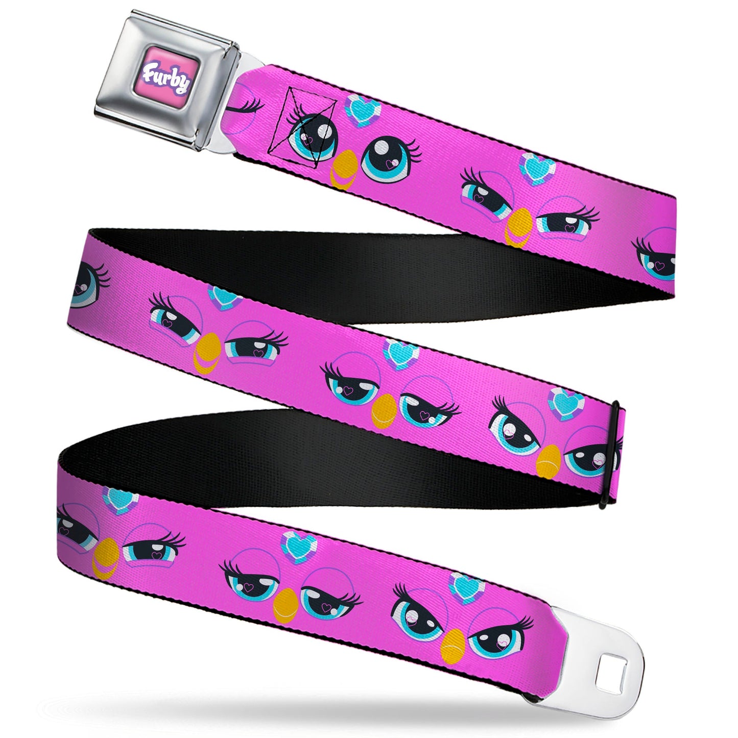 FURBY Title Logo Full Color Pink/Purple/White Seatbelt Belt - Furby Purple Eye Expressions Close-Up Pink Webbing
