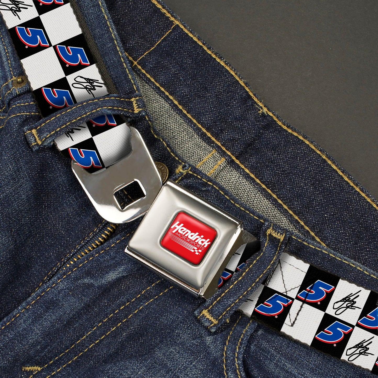 HENDRICK MOTORSPORTS Checker Logo Full Color Red/White Seatbelt Belt - Kyle Larson Autograph and #5 Checker Logo Black/White/Blue/Red Webbing