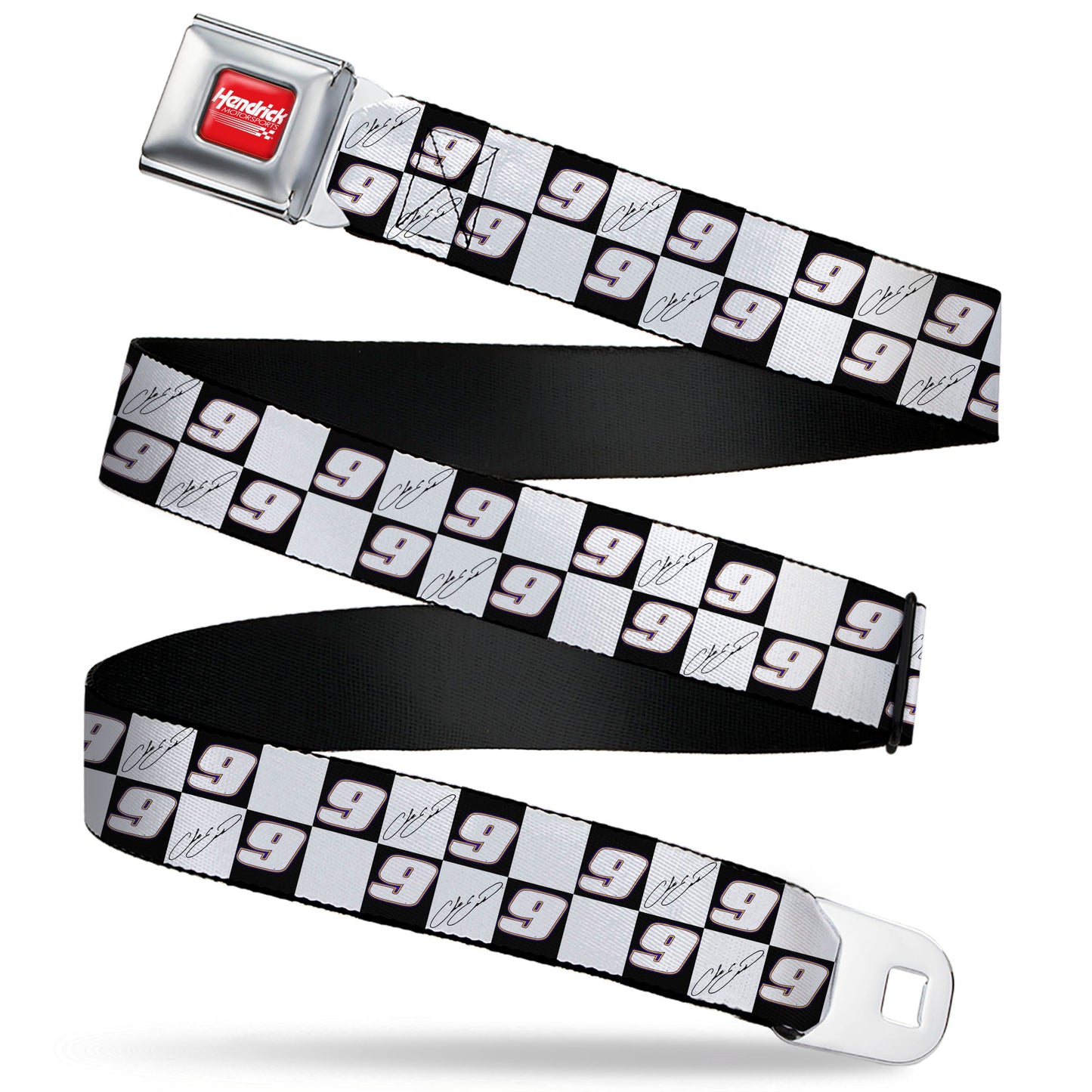 HENDRICK MOTORSPORTS Checker Logo Full Color Red/White Seatbelt Belt - Chase Elliott Autograph and #9 Checker Logo Black/White/Blue Webbing