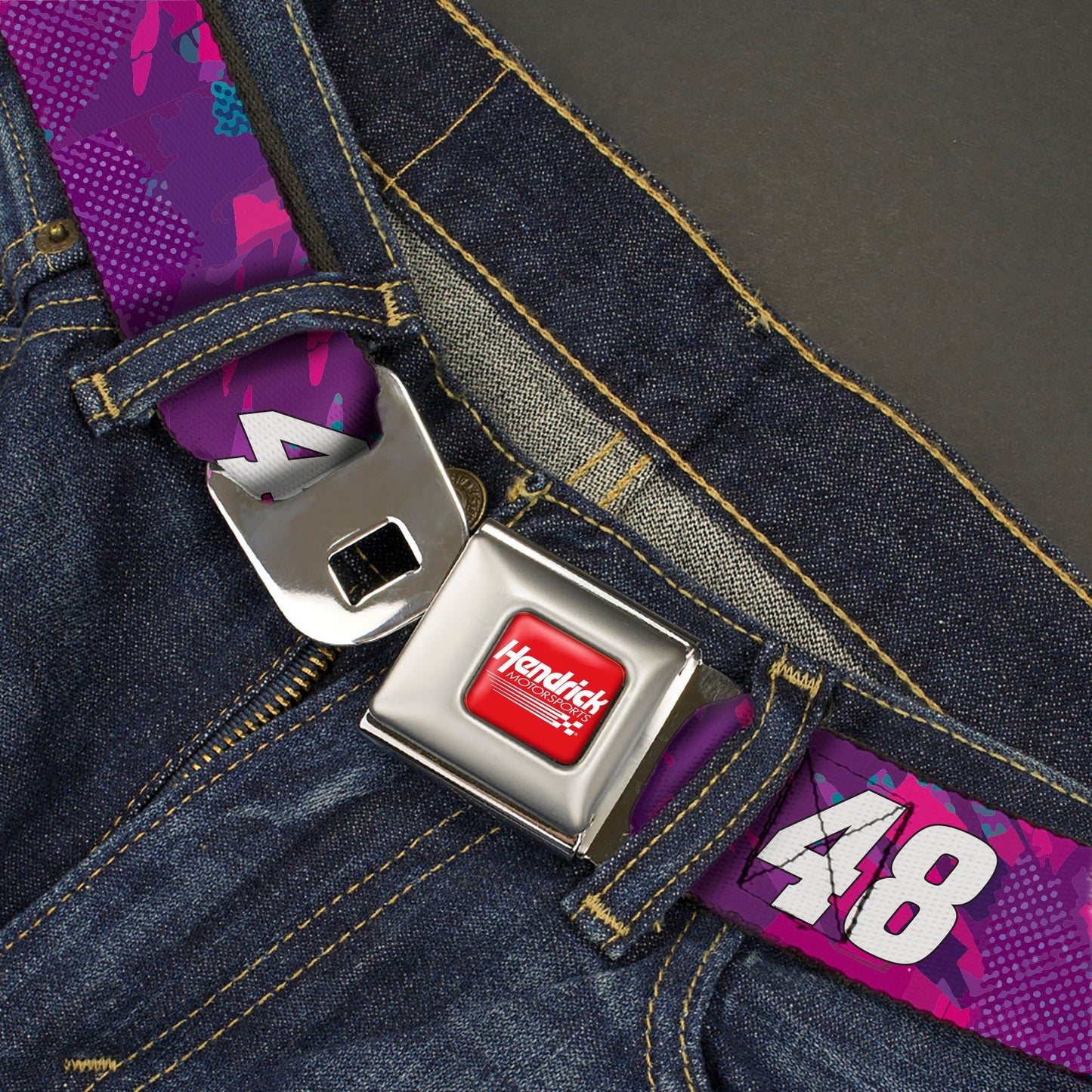 HENDRICK MOTORSPORTS Checker Logo Full Color Red/White Seatbelt Belt - Alex Bowman #48 Car Scheme Purples/Pinks/White Webbing