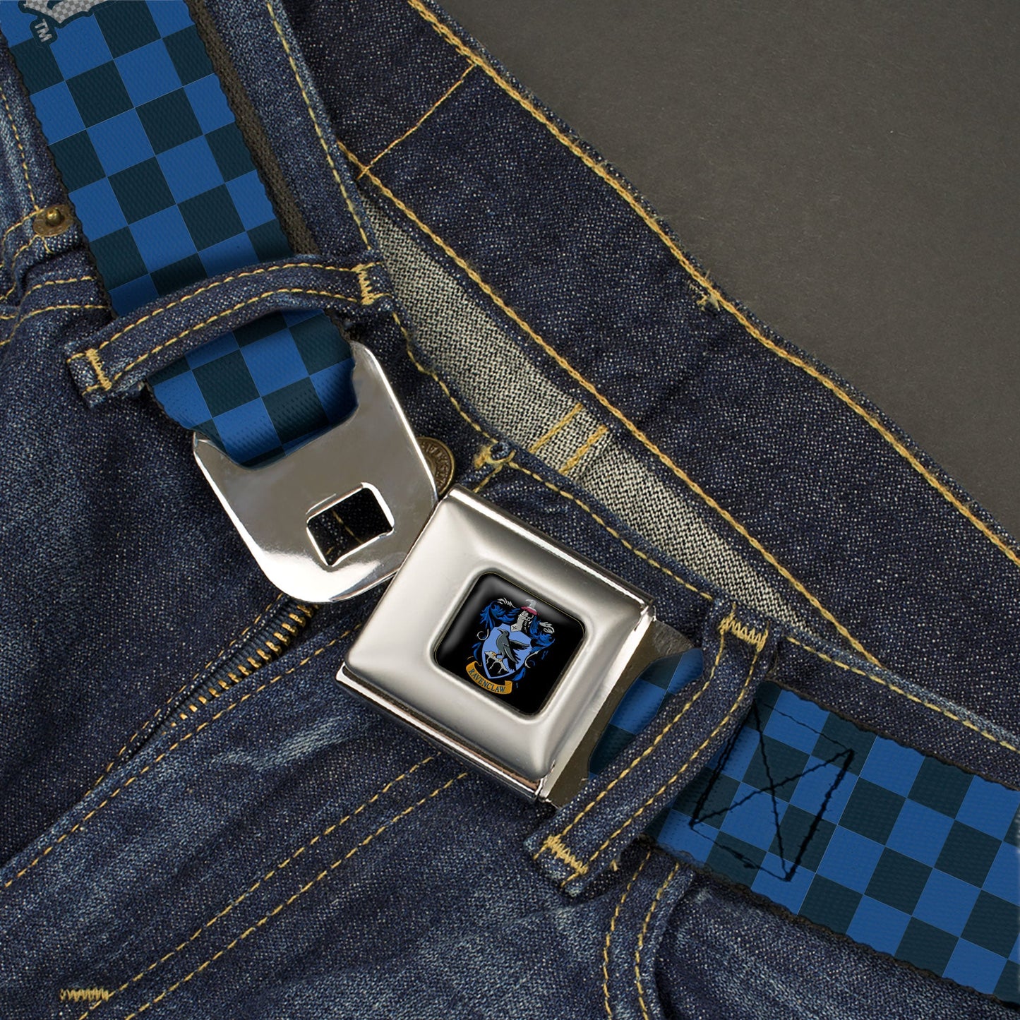 Ravenclaw Crest Full Color Seatbelt Belt - Harry Potter RAVENCLAW Checker Blues/Grays Webbing