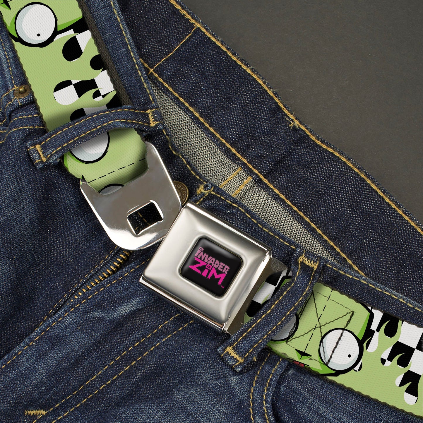 INVADER ZIM Title Logo Full Color Pink/Green Seatbelt Belt - Invader Zim GIR Face and Checker Flames Black/White/Green Webbing