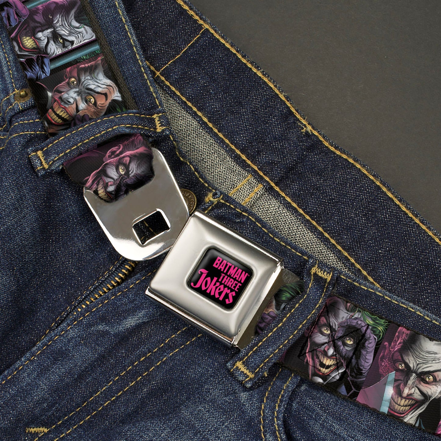 BATMAN THREE JOKERS Text Black/Purple Seatbelt Belt - Joker Comic Book Cover Face Blocks Webbing