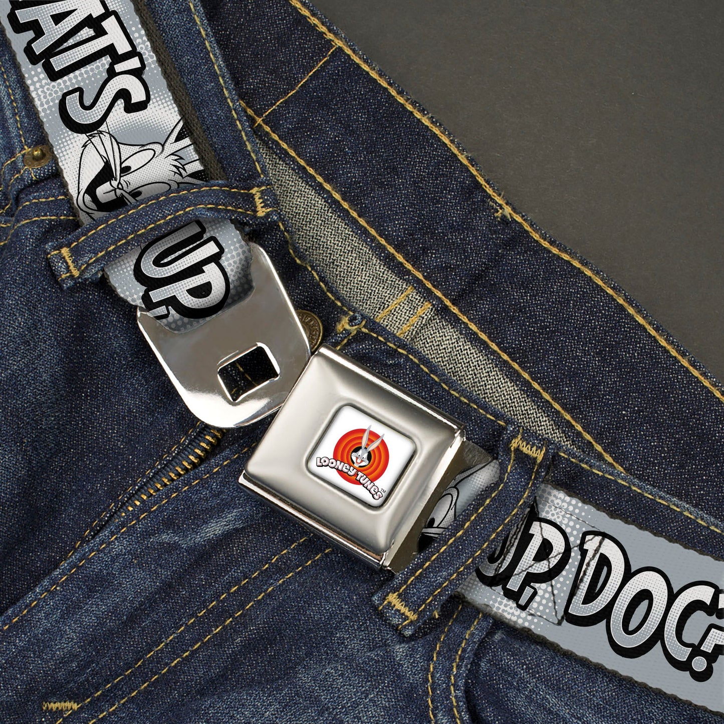 LOONEY TUNES Bullseye Title Logo Full Color White Seatbelt Belt - Bugs Bunny WHAT'S UP DOC? Pose and Text Grays Webbing