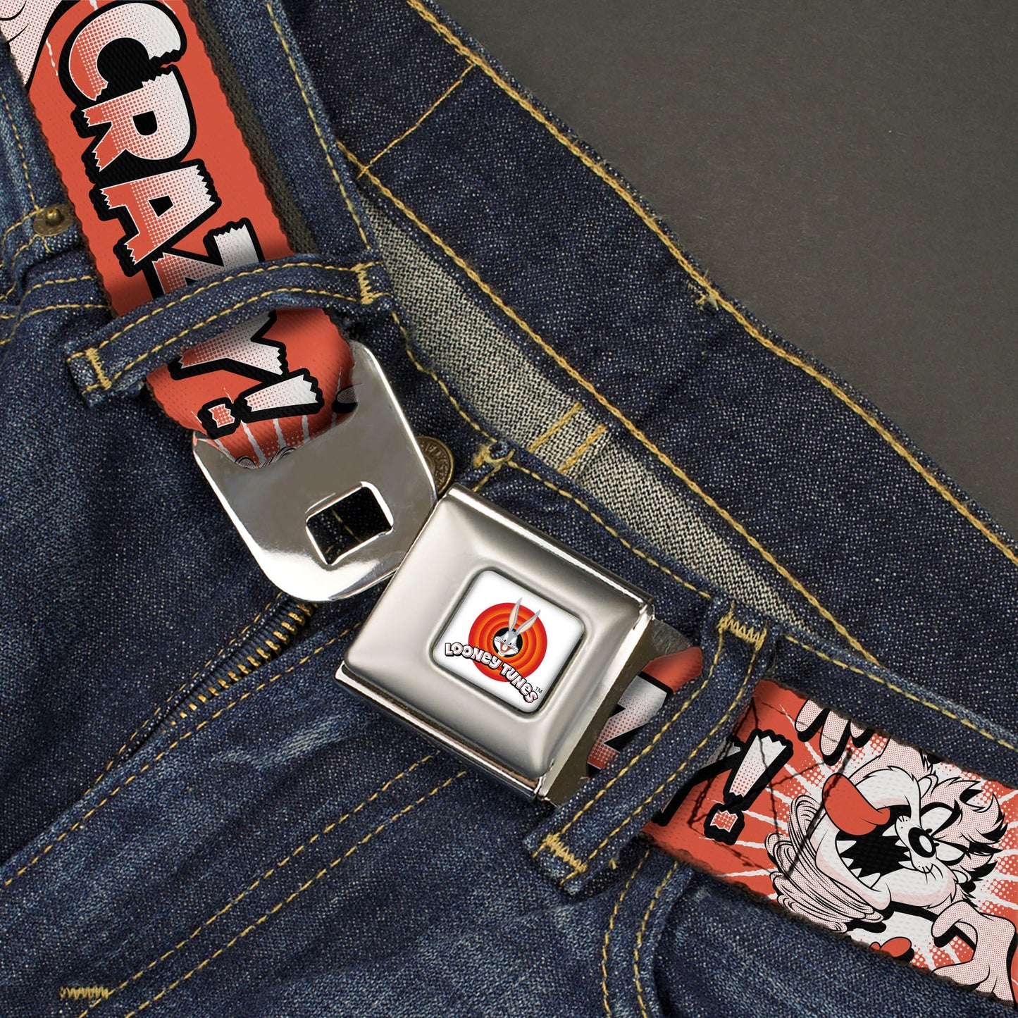LOONEY TUNES Bullseye Title Logo Full Color White Seatbelt Belt - Looney Tunes Taz Tasmanian Devil LET'S GO CRAZY Pose Reds Webbing