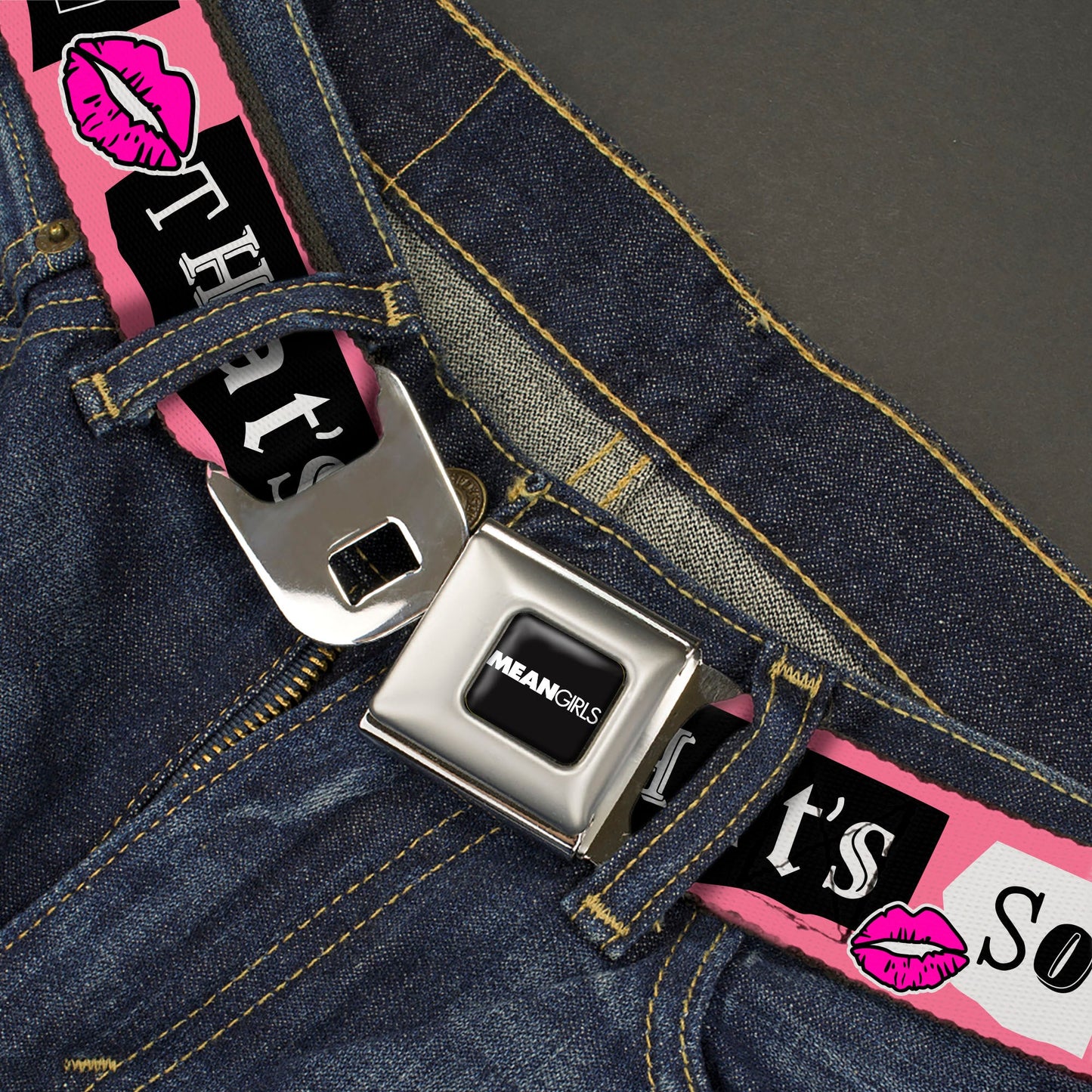 MEAN GIRLS Title Logo Full Color Black/White Seatbelt Belt - Mean Girls THAT'S SO FETCH Collage Pink/Black/White Webbing