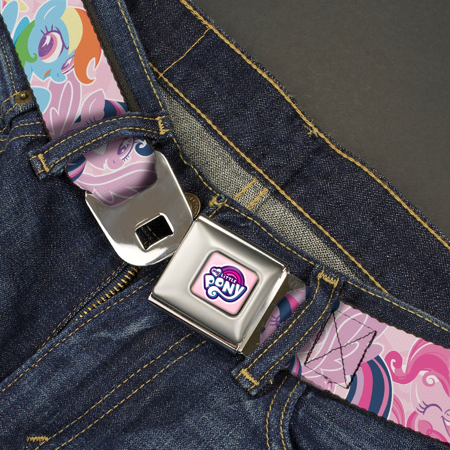 MY LITTLE PONY Title Logo Full Color Pink/White Seatbelt Belt - My Litlle Pony Five Pony Poses Pink Webbing