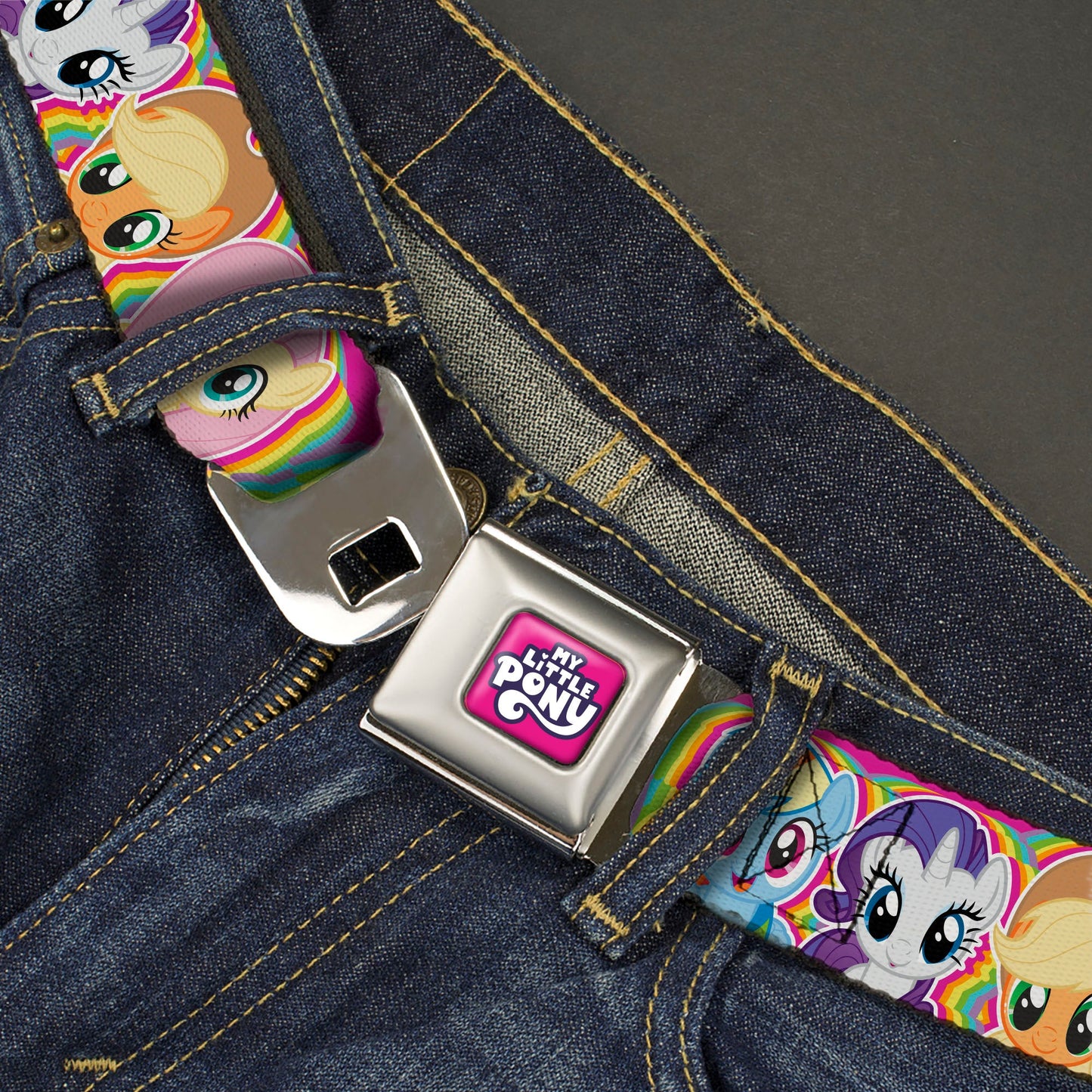 MY LITTLE PONY Title Logo Full Color Pink/Purple/White Seatbelt Belt - My Little Pony Four Pony Close-Up Faces Pink/Multi Color Webbing