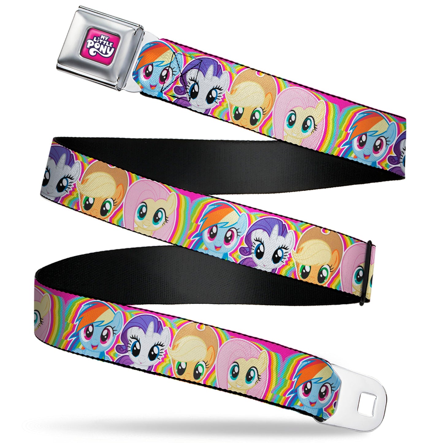 MY LITTLE PONY Title Logo Full Color Pink/Purple/White Seatbelt Belt - My Little Pony Four Pony Close-Up Faces Pink/Multi Color Webbing