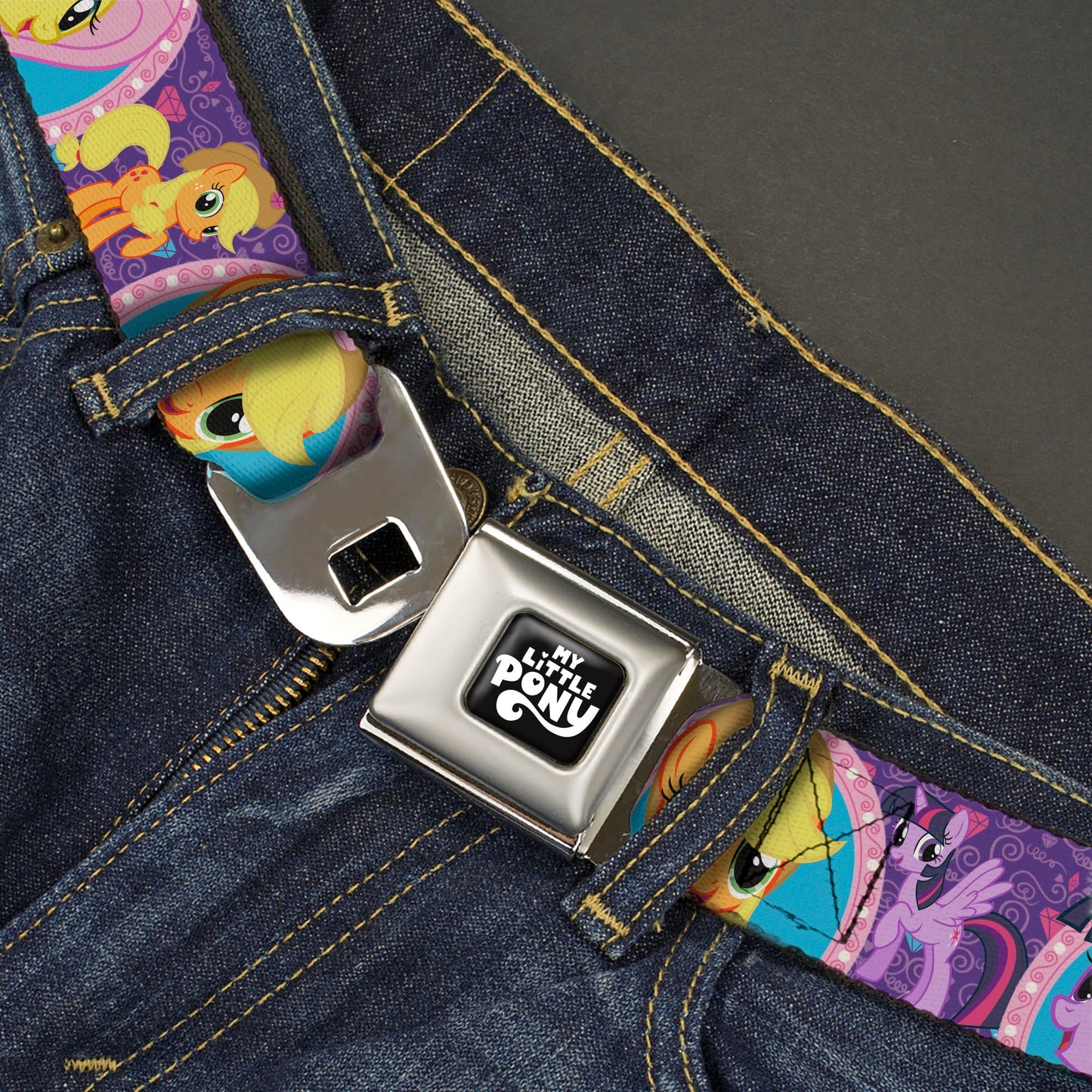 MY LITTLE PONY Title Logo Full Color Black/Purple/White Seatbelt Belt - My Little Pony Mane Six Close-Up Faces and Poses Purples/Pinks Webbing