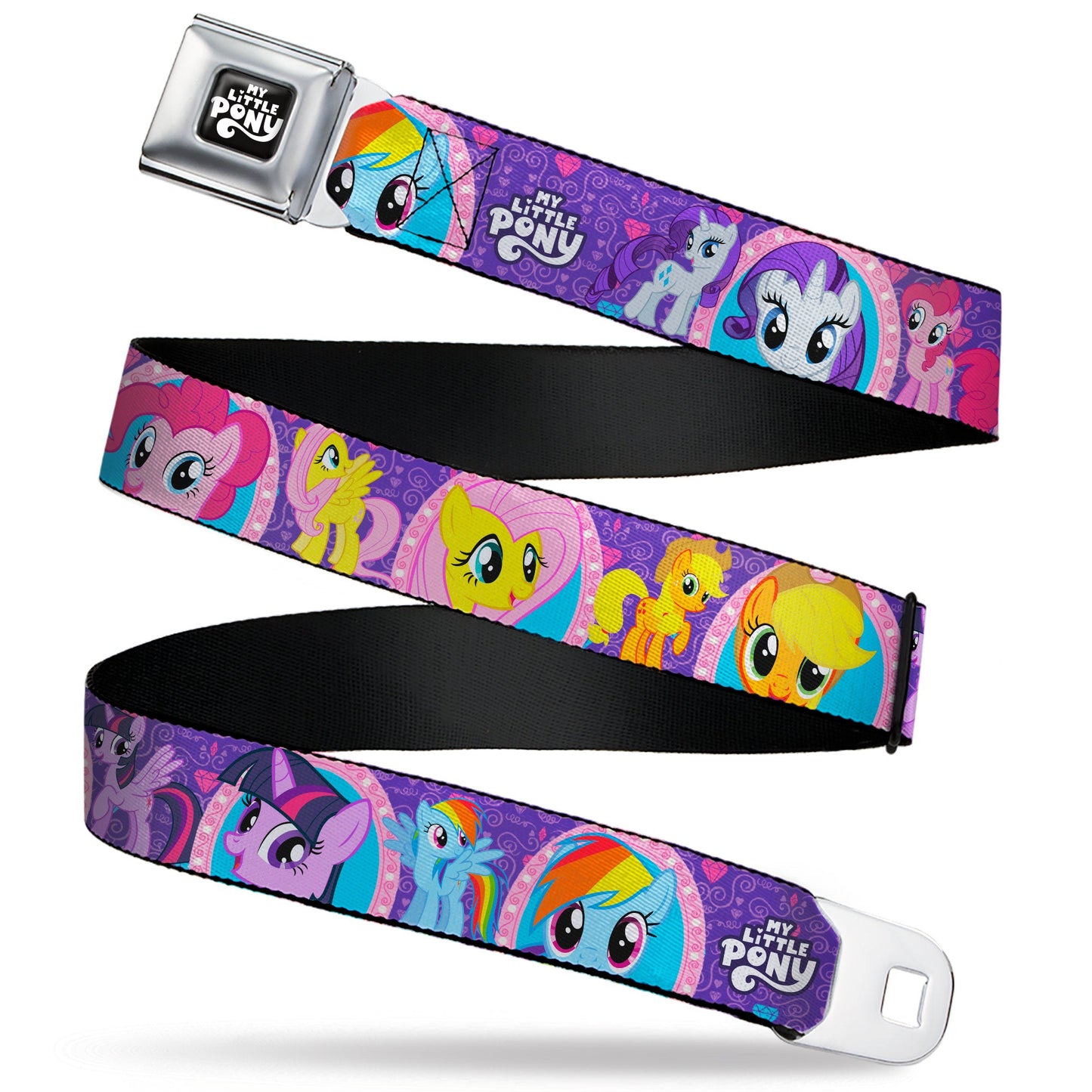 MY LITTLE PONY Title Logo Full Color Black/Purple/White Seatbelt Belt - My Little Pony Mane Six Close-Up Faces and Poses Purples/Pinks Webbing