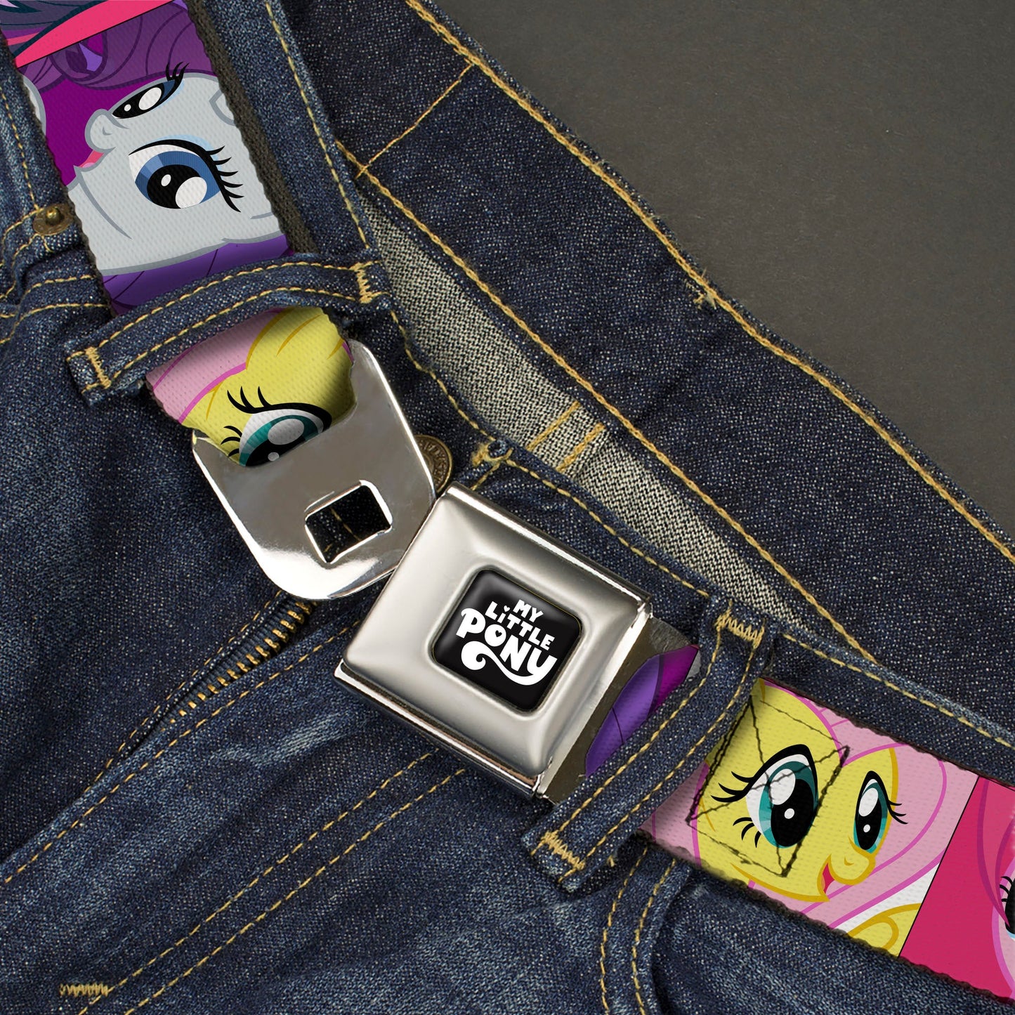 MY LITTLE PONY Title Logo Full Color Black/Purple/White Seatbelt Belt - My Little Pony Mane Six Close-Up Face Blocks Multi Color Webbing
